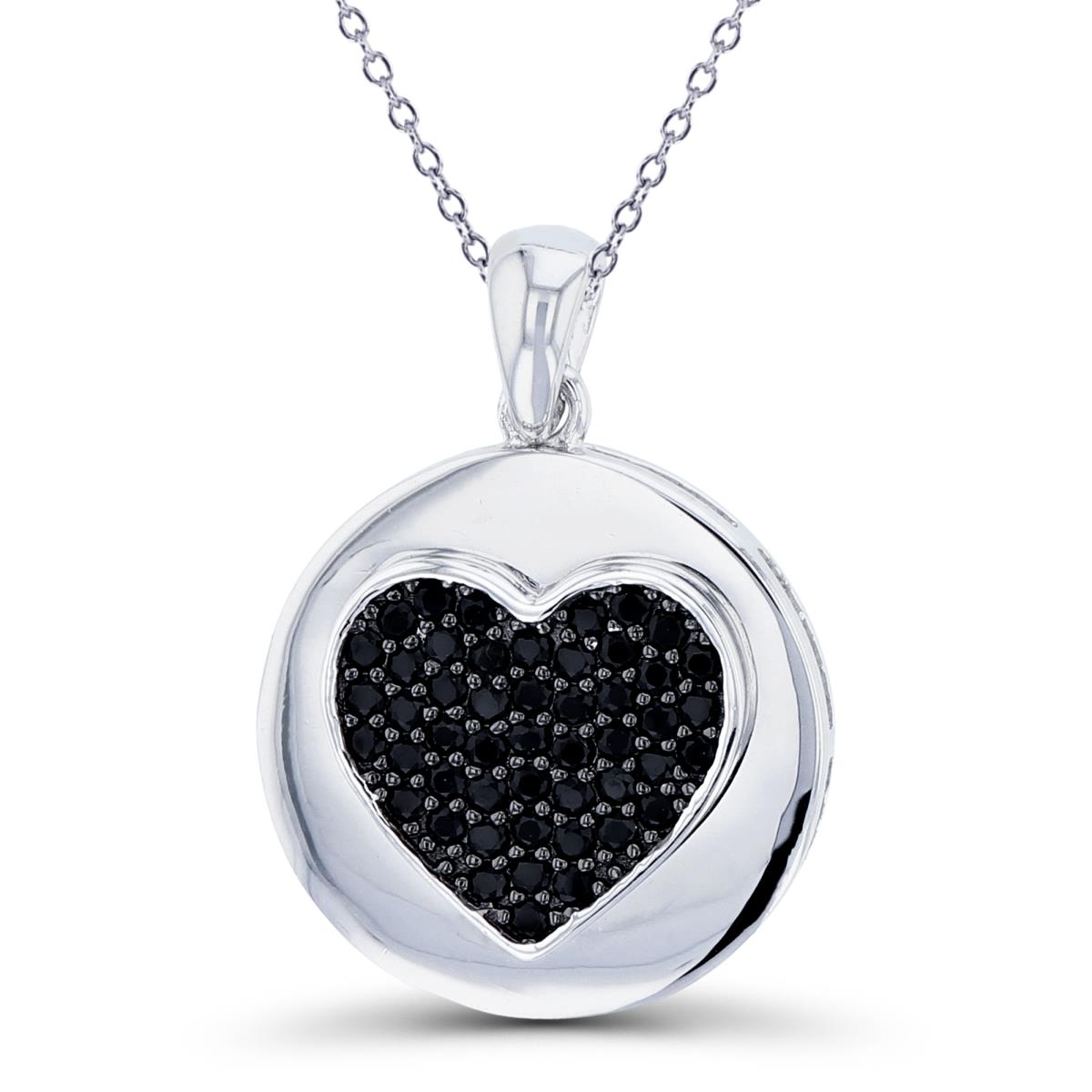 Sterling Silve Two-Tone Rnd Black Spinel Pave Heart on High Polish Circle 18"Necklace