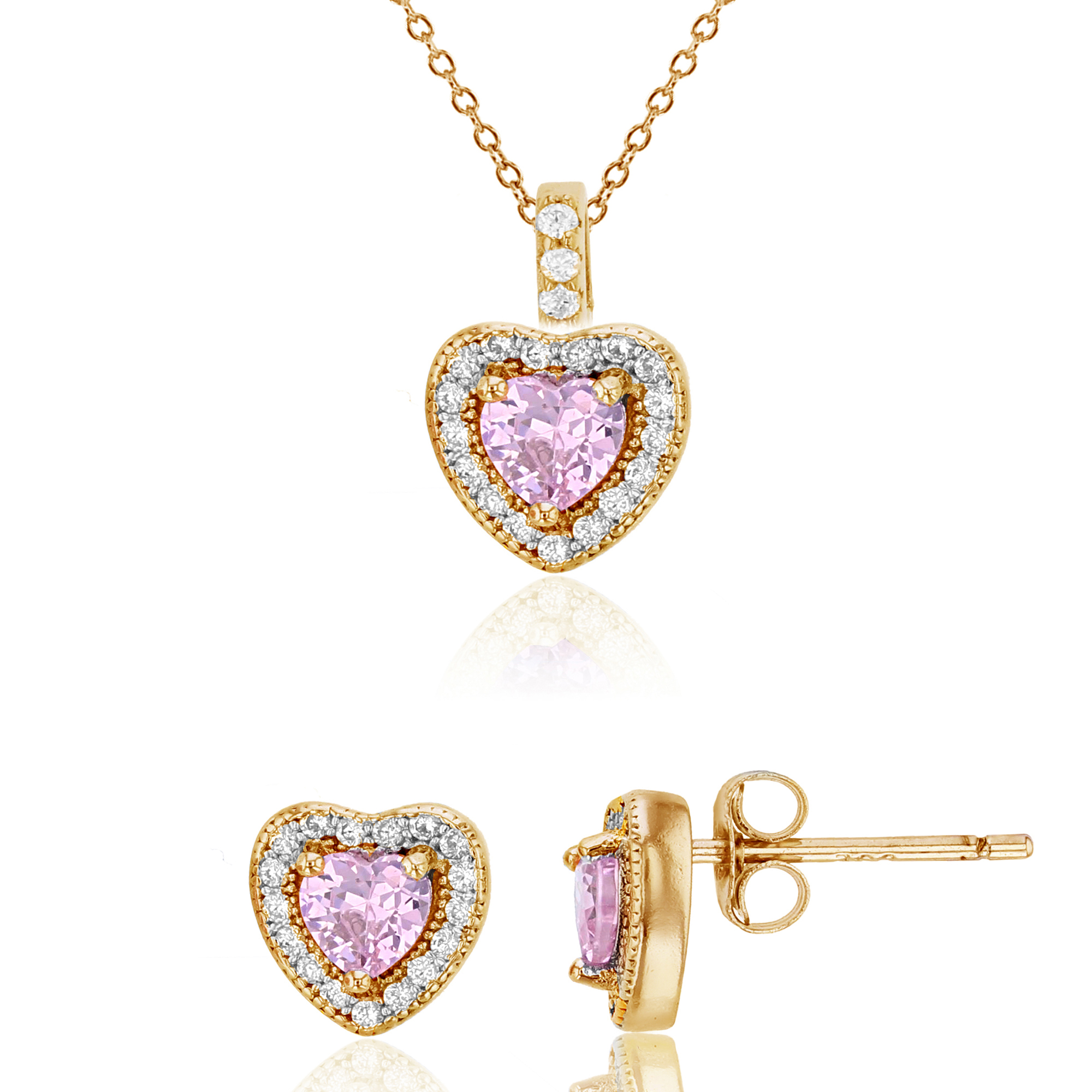 Sterling Silver Yellow 8X7.5;4MM Pink HS & White CZ 13''+2'' Necklace & Earring Set 