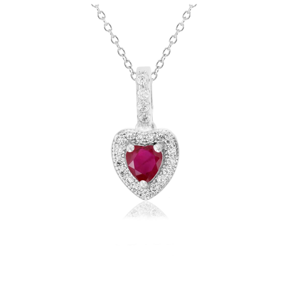 Sterling Silver Rhodium 4MM HS Ruby & Rnd White Heart Dangling 13''+2'' Necklace
