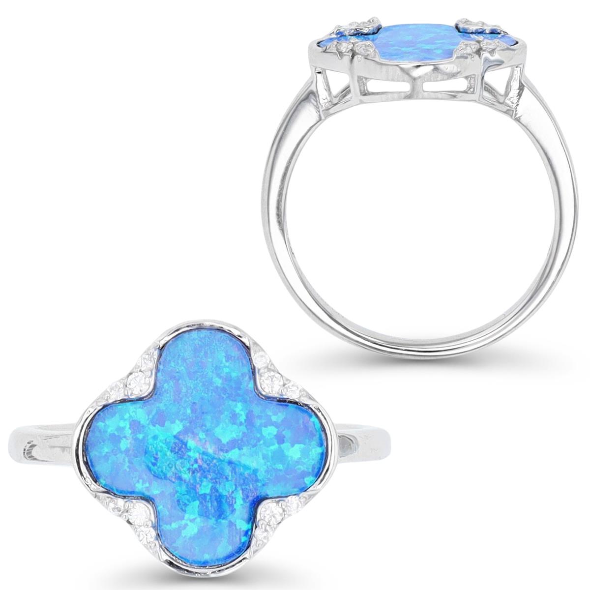 Sterling Silver Rhodium & Cr. Blue Opal and White CZ Clover Ring