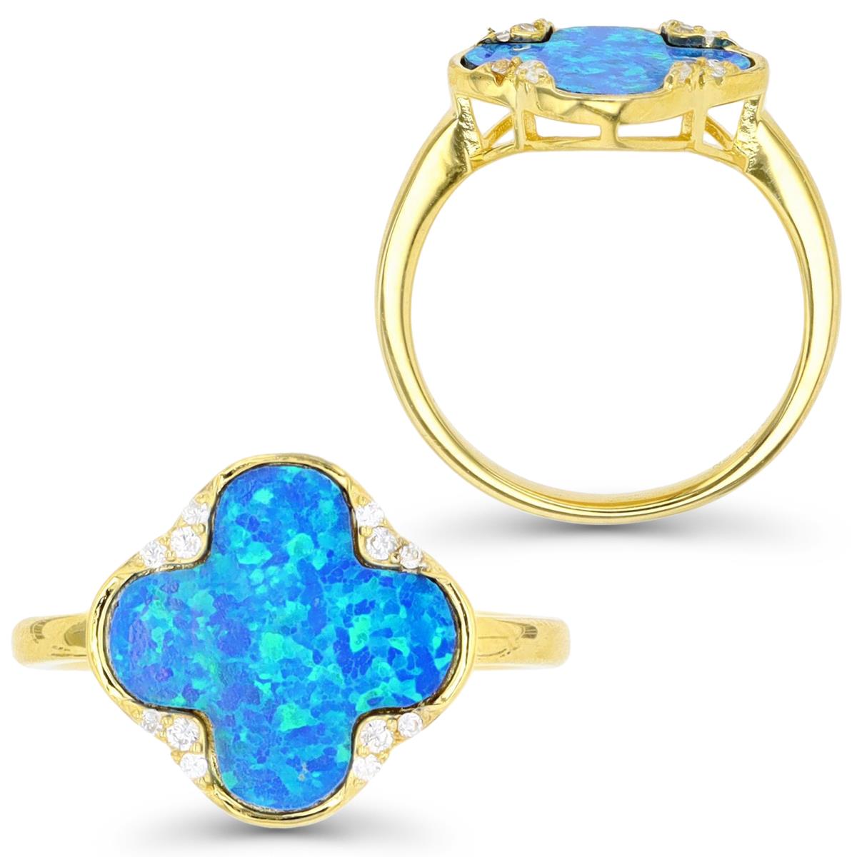 Sterling Silver Yellow 1M & Cr. Blue Opal and White CZ Clover Ring