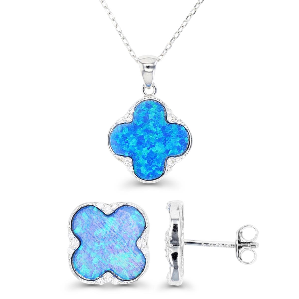 Sterling Silver Rhodium & Cr. Blue Opal and White CZ Clover Stud Earrings and Necklace Set