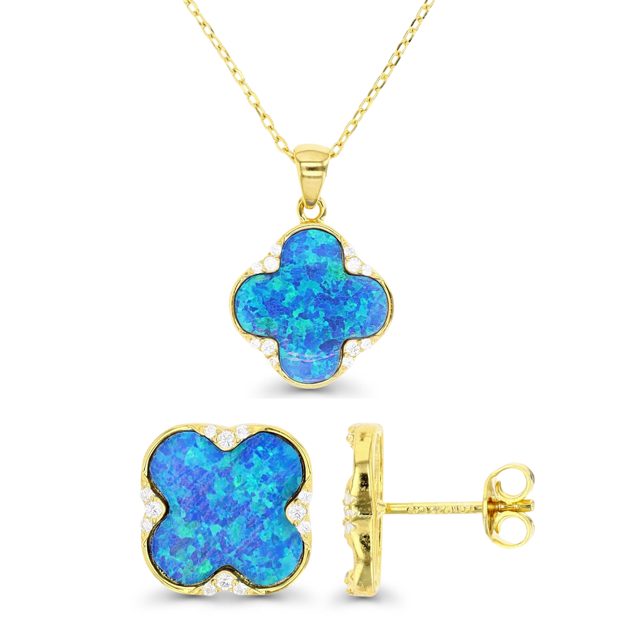 Sterling Silver Yellow & Cr. Blue Opal and White CZ Clover Stud Earrings and Necklace Set