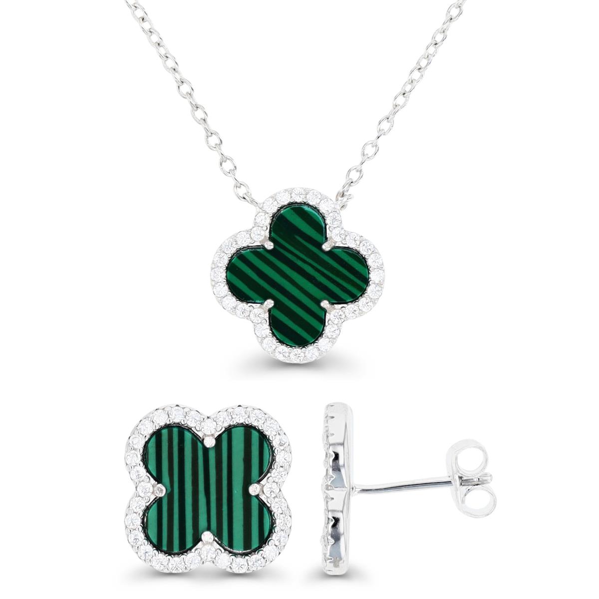 Sterling Silver Rhodium &  Malachite and White CZ 15MM Clover Stud Earrings and Necklace Set