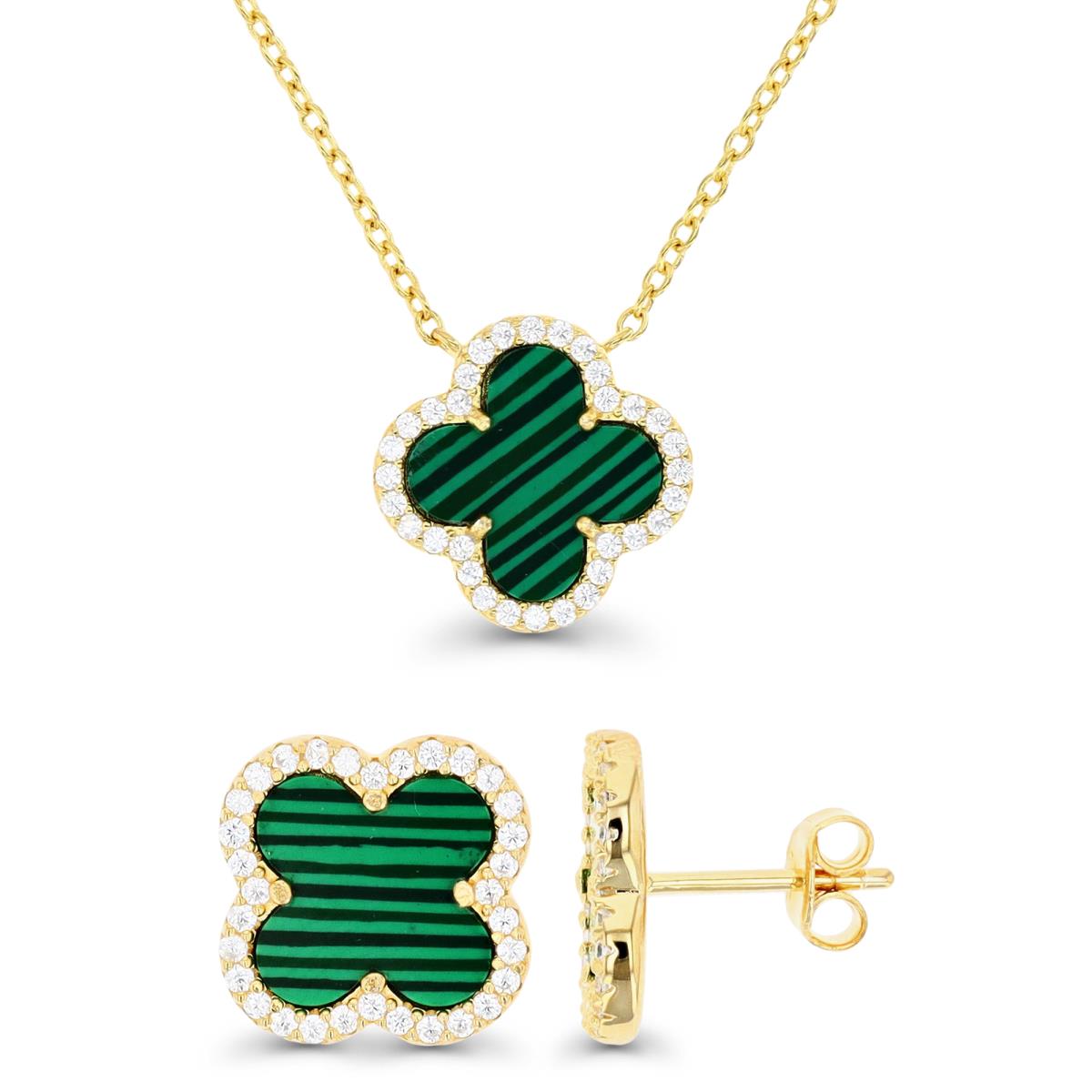 Sterling Silver Yellow &  Malachite and White CZ 15MM Clover Stud Earrings and Necklace Set