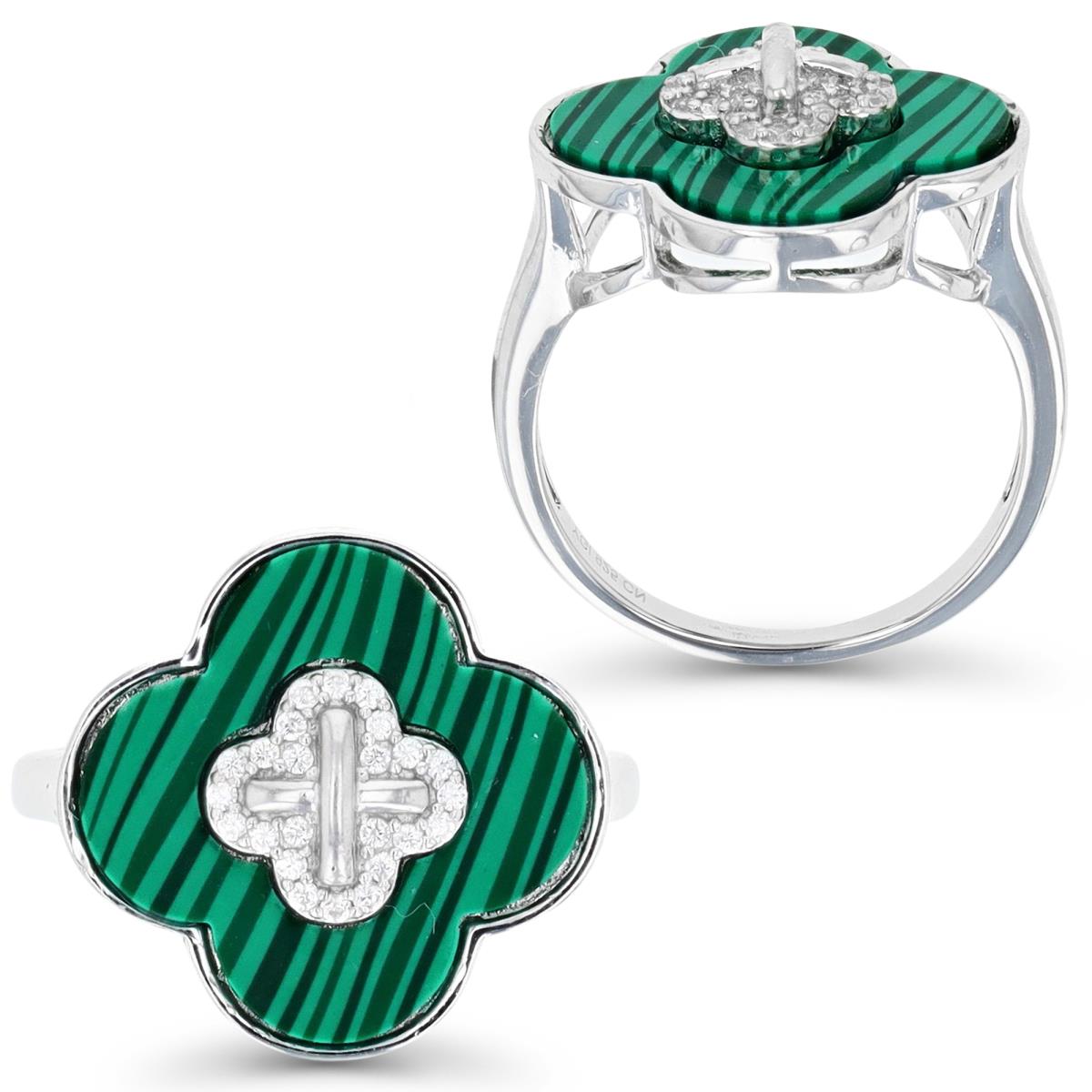 Sterling Silver Rhodium & Simulated Malachite and White CZ Clover Ring