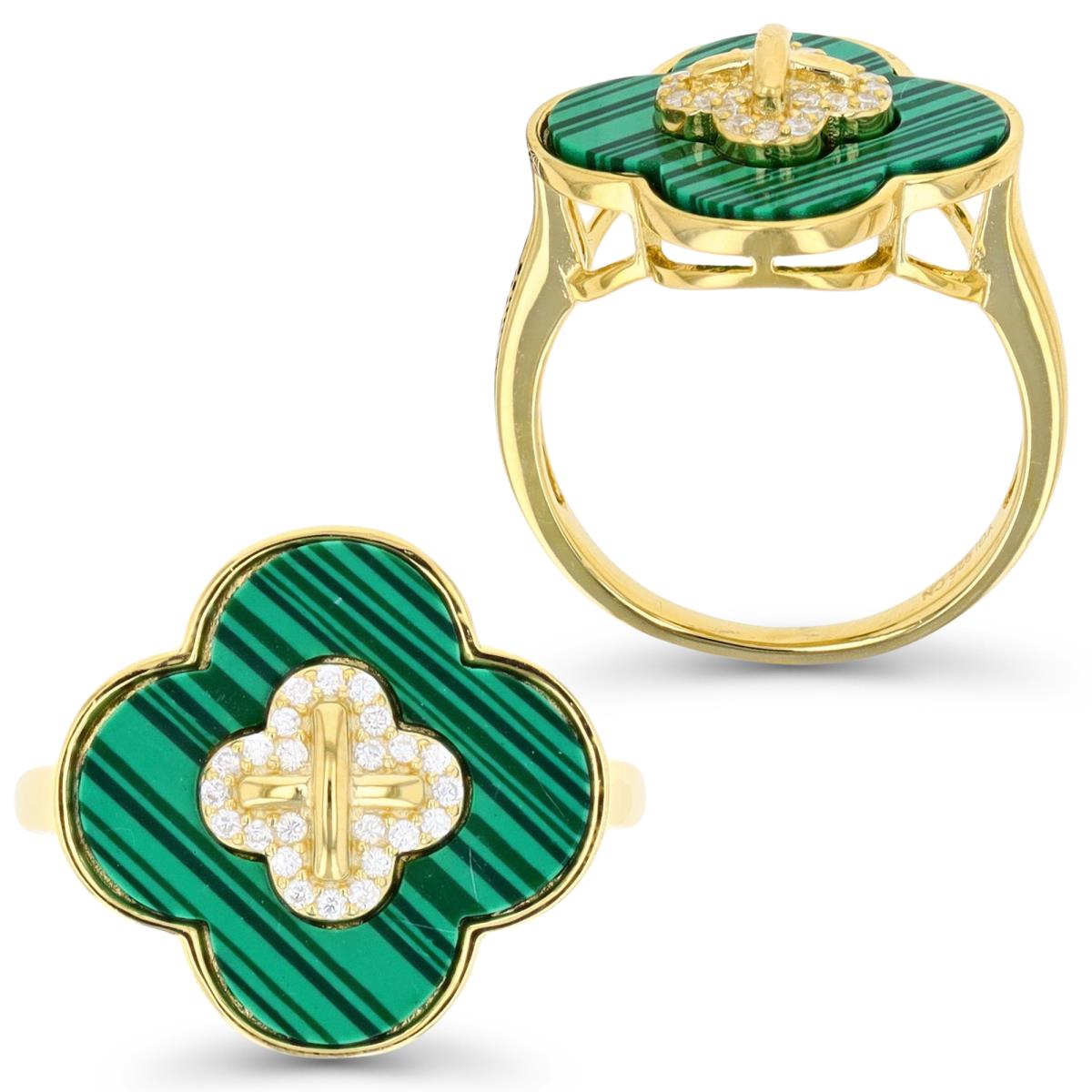 Sterling Silver Yellow 1M & Simulated Malachite and White CZ Clover Ring