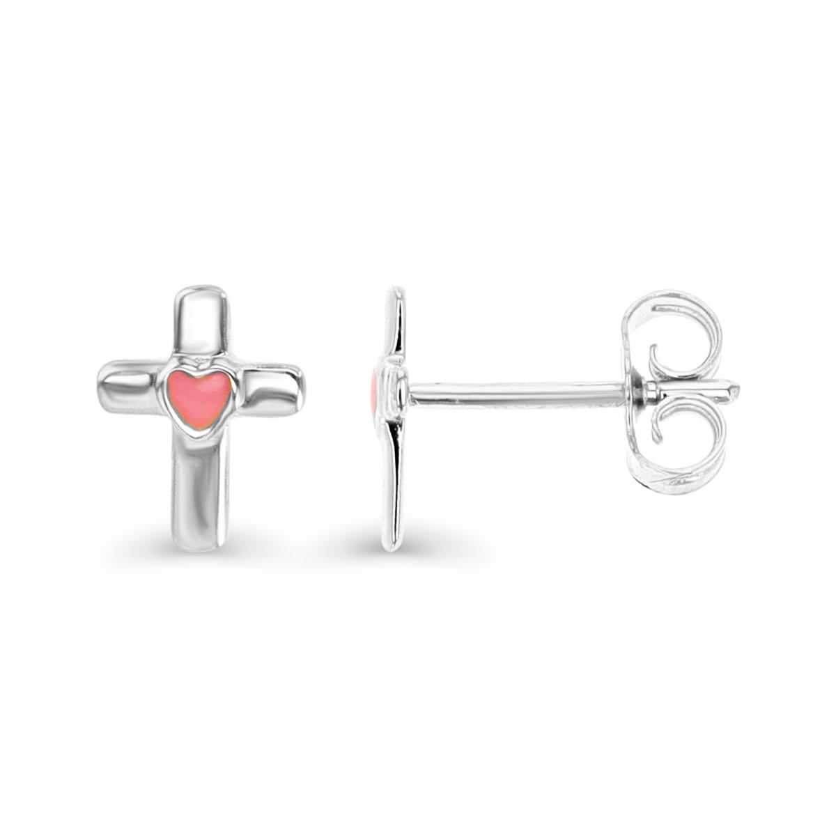 Sterling Silver Rhodium & Pink Enamel Cross and Heart Stud Earring