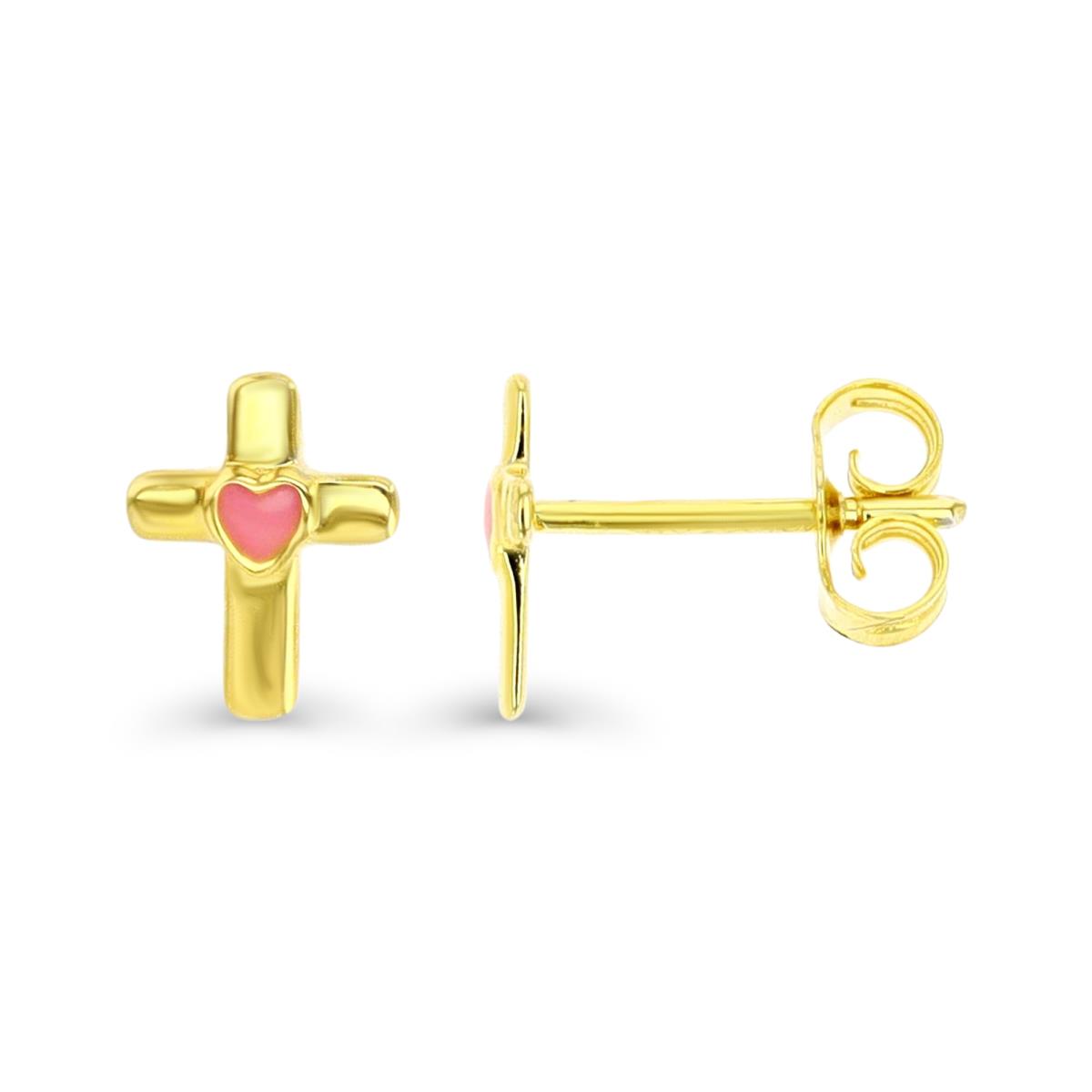 Sterling Silver Yellow 1M & Pink Enamel Cross and Heart Stud Earring