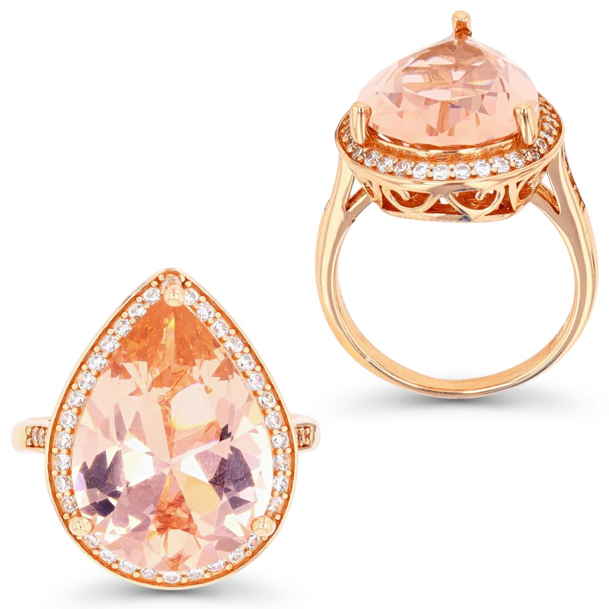 Sterling Silver Rose 18X13MM Polished White CZ & PS Morganite Tear Drop Ring