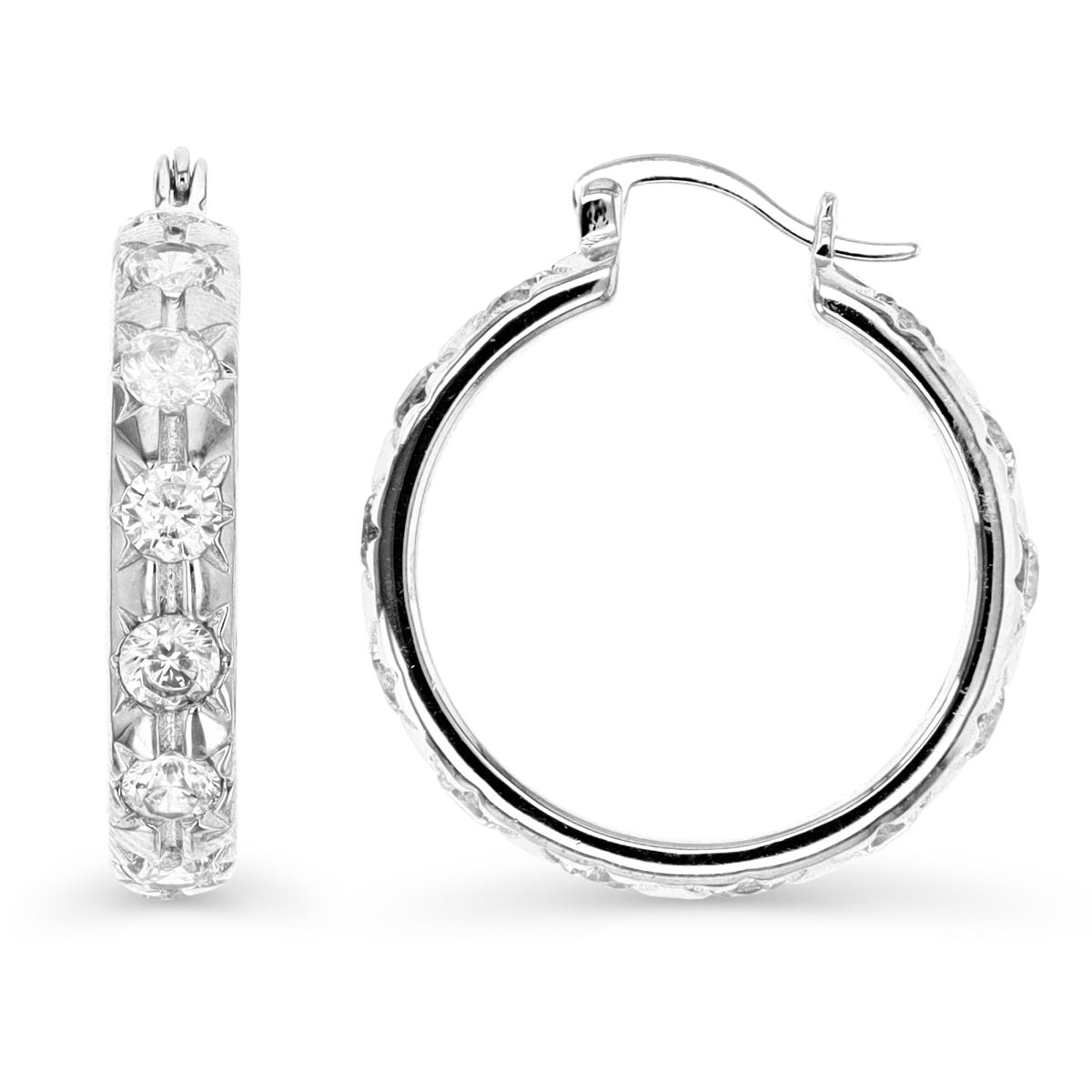 Sterling Silver Rhodium 27X5MM Polished White CZ Starburst Hoop Earring