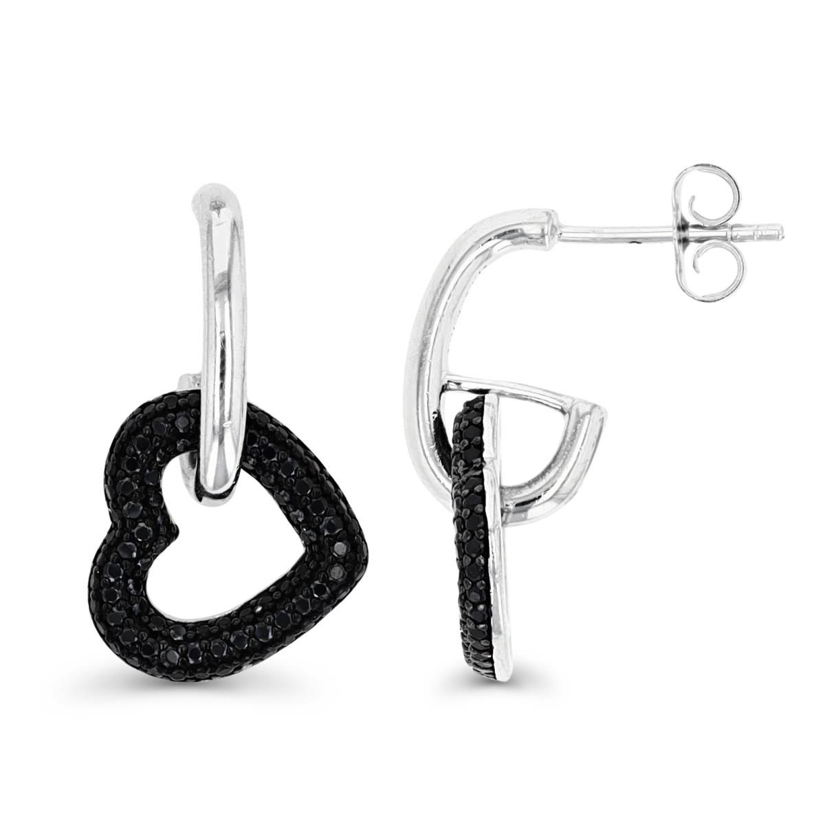 Sterling Silver Rhodium and Black & Black Spinel Heart Dangling Earring