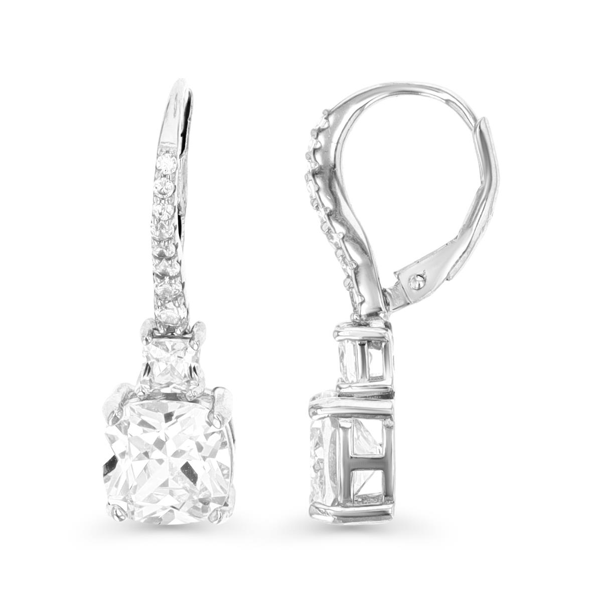 Sterling Silver Rhodium & 8MM CU Ct. White CZ Dangling Lever Back Earring