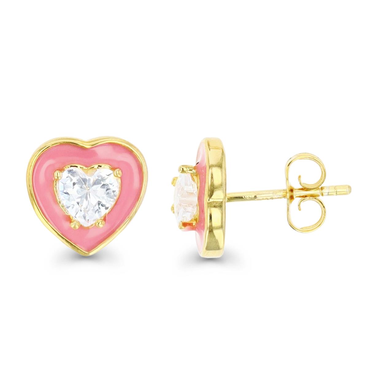 Sterling Silver Yellow 1M & Pink Enamel and 5MM HE Ct. White CZ Heart Stud Earring