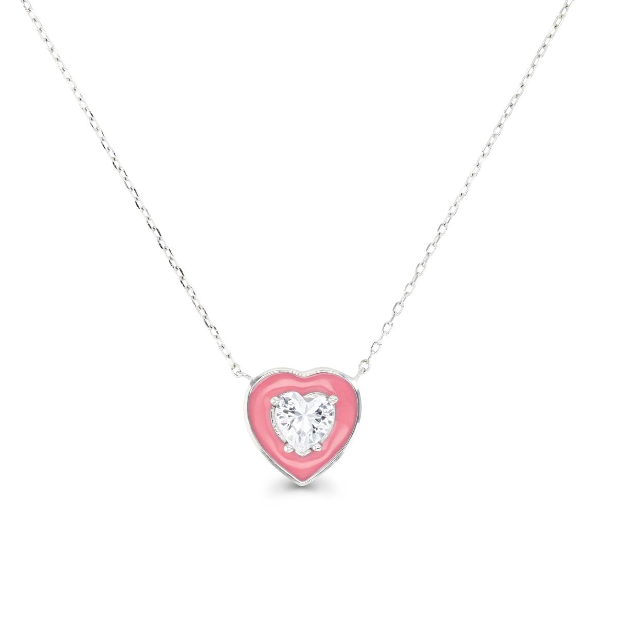 Sterling Silver Rhodium & Pink Enamel and 6MM HE Ct. White CZ 16+2" Heart Necklace 