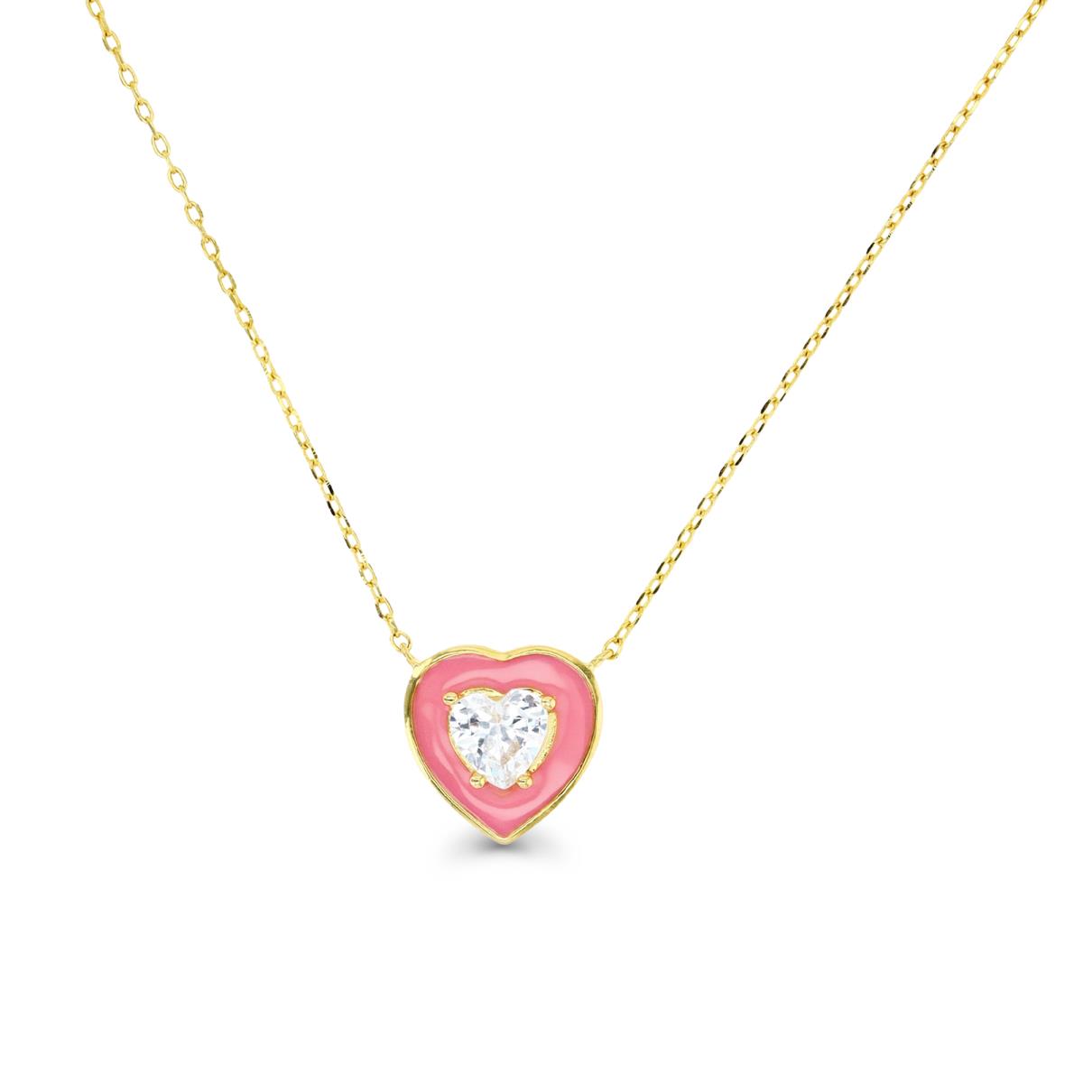 Sterling Silver Yellow 1M & Pink Enamel and 6MM HE Ct. White CZ 16+2" Heart Necklace 