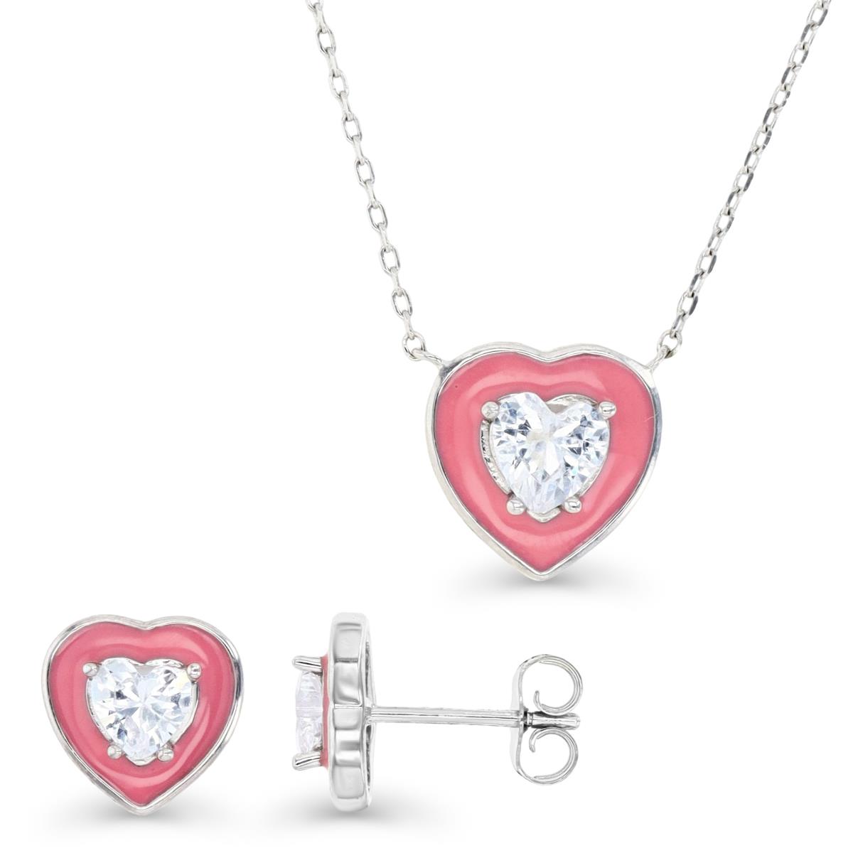 Sterling Silver Rhodium & Pink Enamel and HE Ct. White CZ Heart Stud Earrings and Necklace Set
