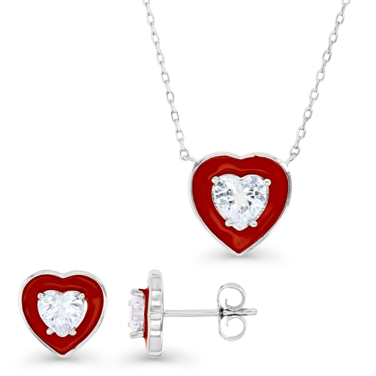 Sterling Silver Rhodium &  Red Enamel and HE Ct. White CZ Heart Stud Earrings and Necklace Set