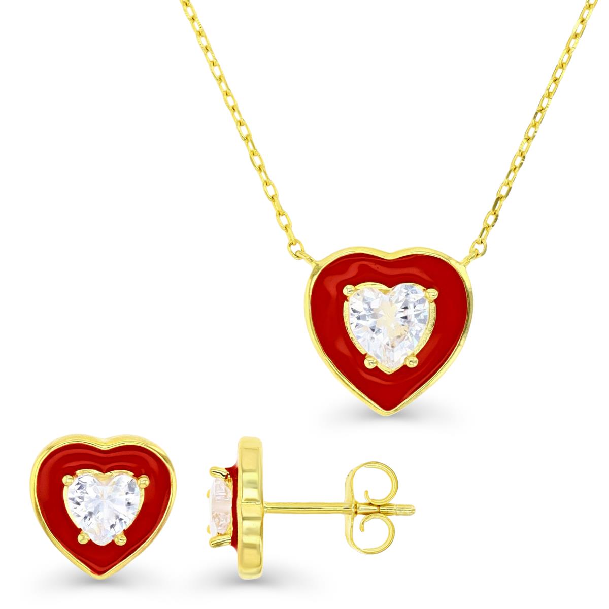 Sterling Silver Yellow &  Red Enamel and HE Ct. White CZ Heart Stud Earrings and Necklace Set