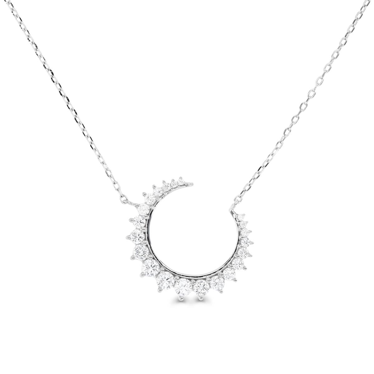 Sterling Silver Rhodium & White CZ  Crescent Moon 16+2" Necklace