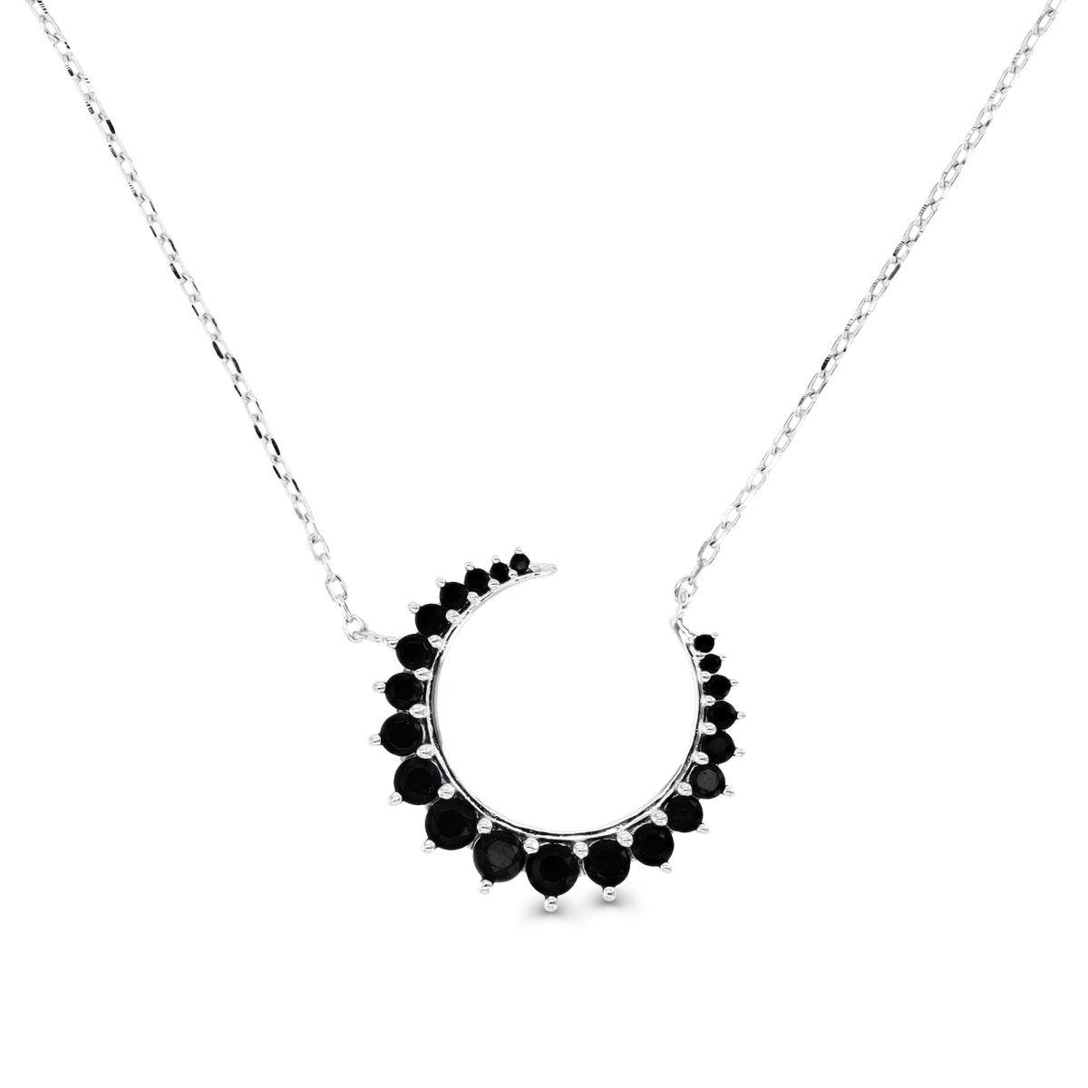 Sterling Silver Rhodium & Black Spinel Crescent Moon 16+2" Necklace