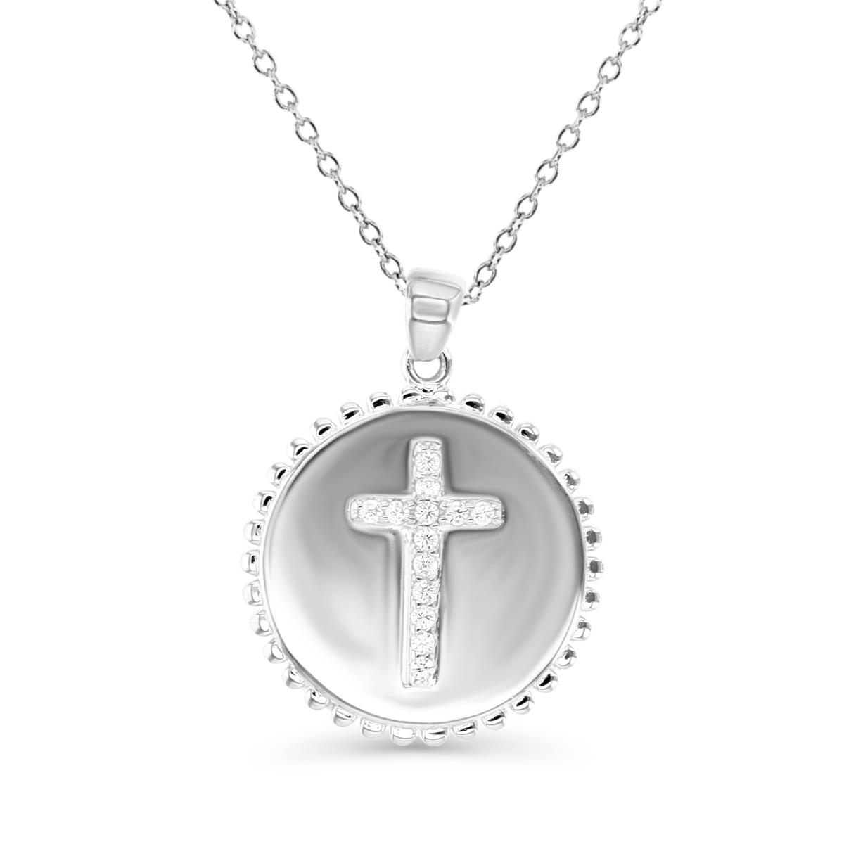 Sterling Silver Rhodium & White CZ Cross Disk 18" Necklace