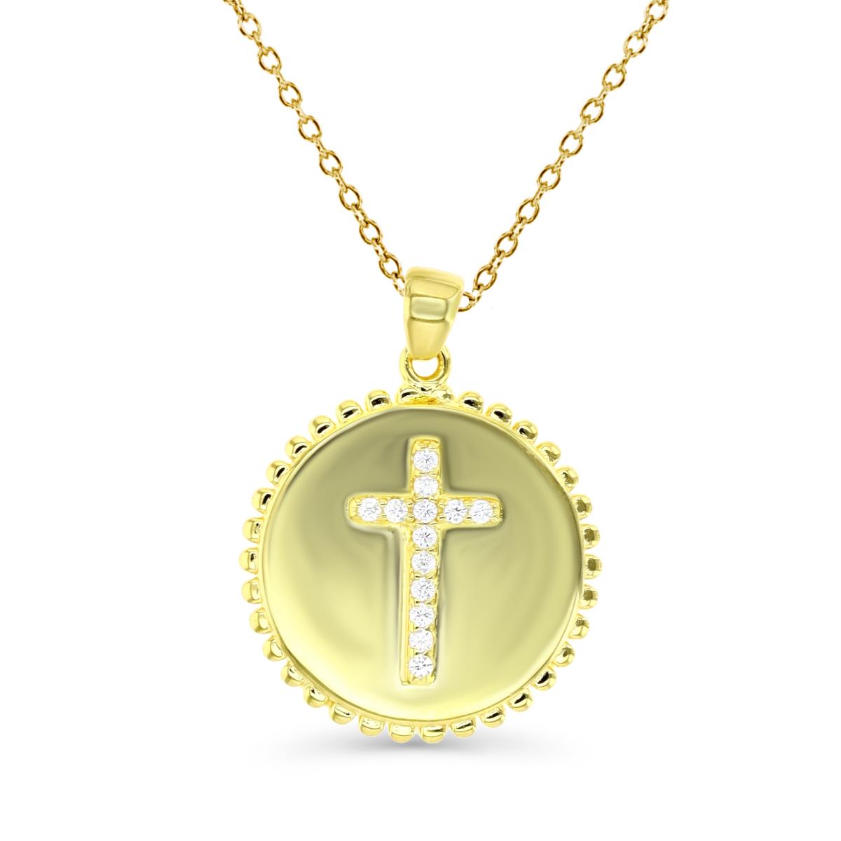 Sterling Silver Yellow 1M & White CZ Cross Disk 18" Necklace