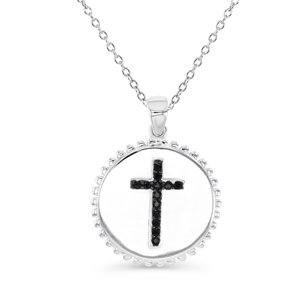 Sterling Silver Rhodium and Black & Black Spinel Cross Disk 18" Necklace
