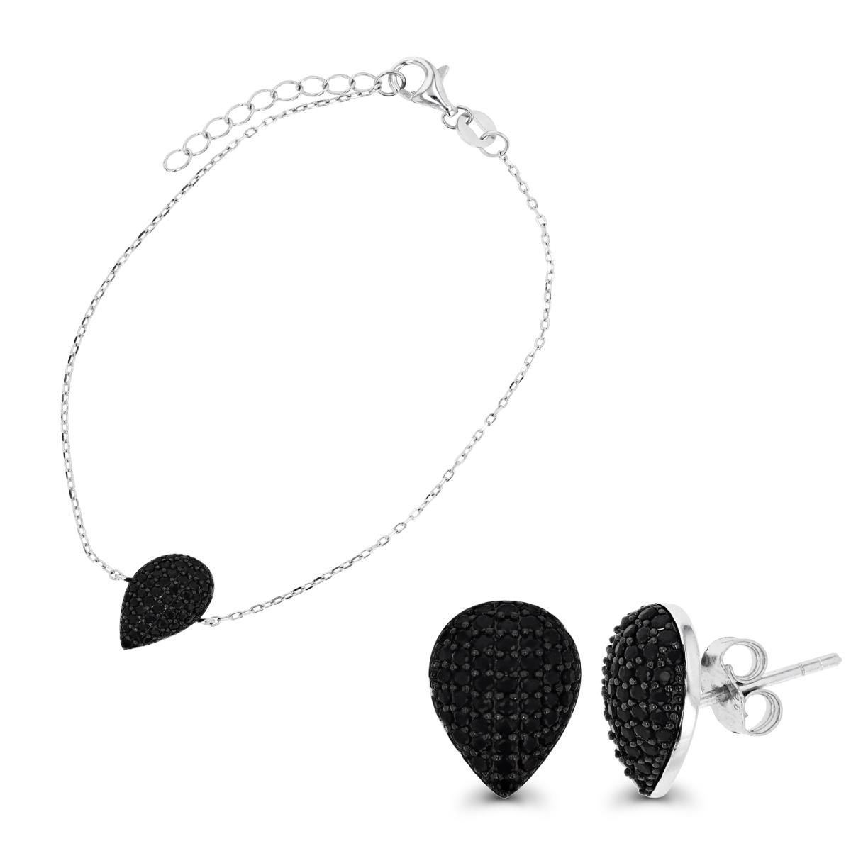 Sterling Silver Black & White 13X9;13X9 Black Spinel Tear Drop Bracelet & Earring Set