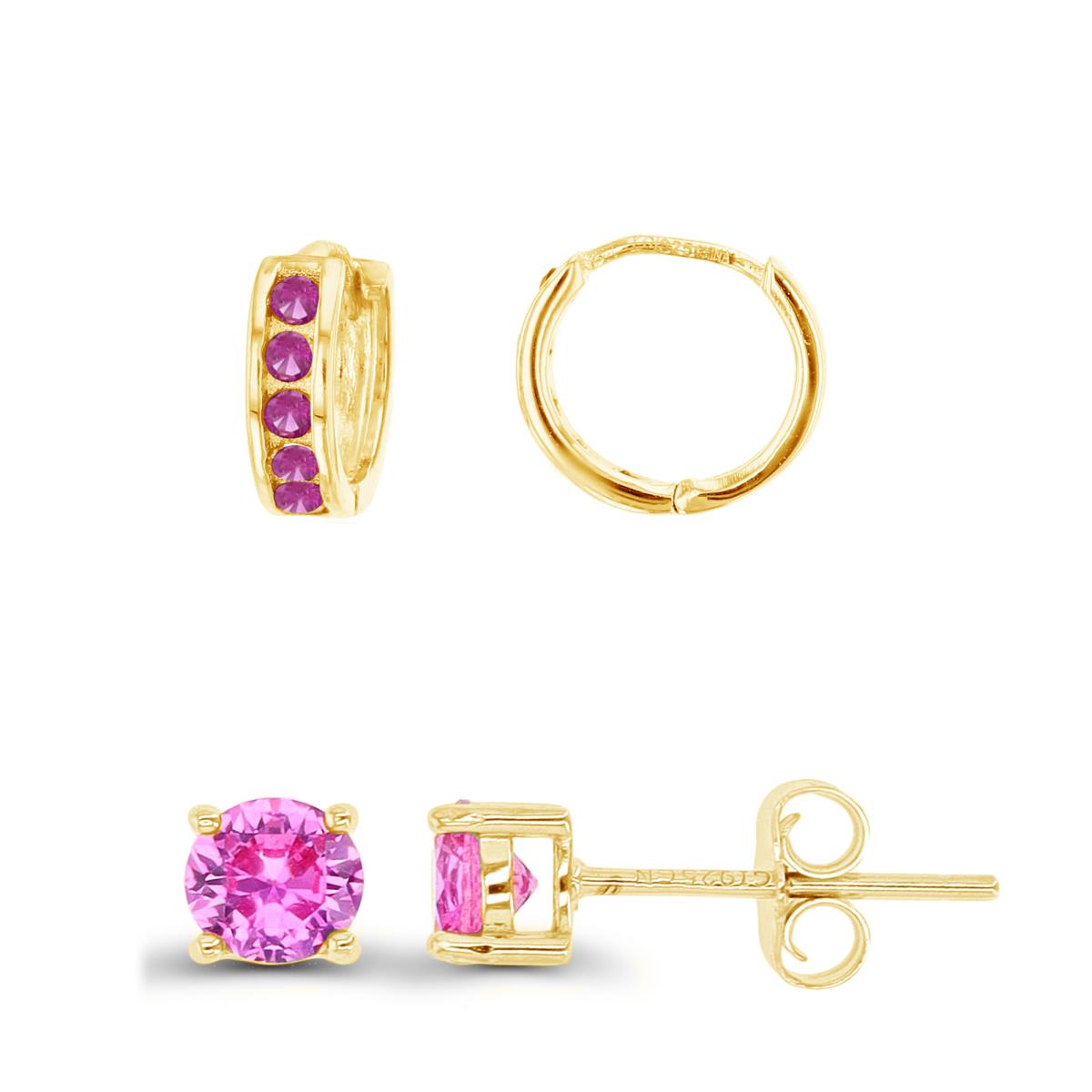 Sterling Silver Yellow 9.5x2.8mm Pink CZ Channel Set Huggie & 3mm Rd Solitaire Stud Earring Set
