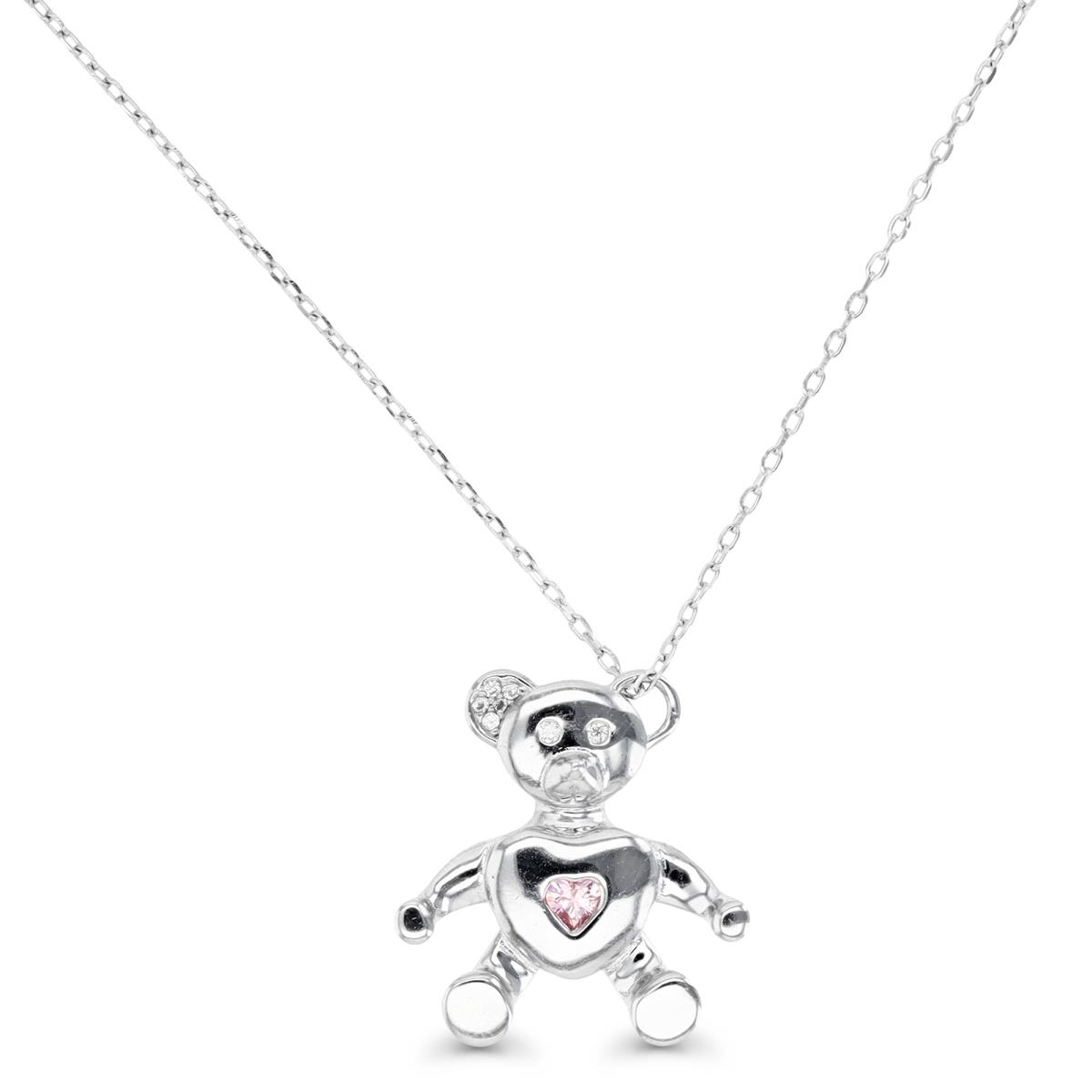 Sterling Silver Rhodium & HE / RD Pink and White CZ Teddy Bear 13+2" Necklace