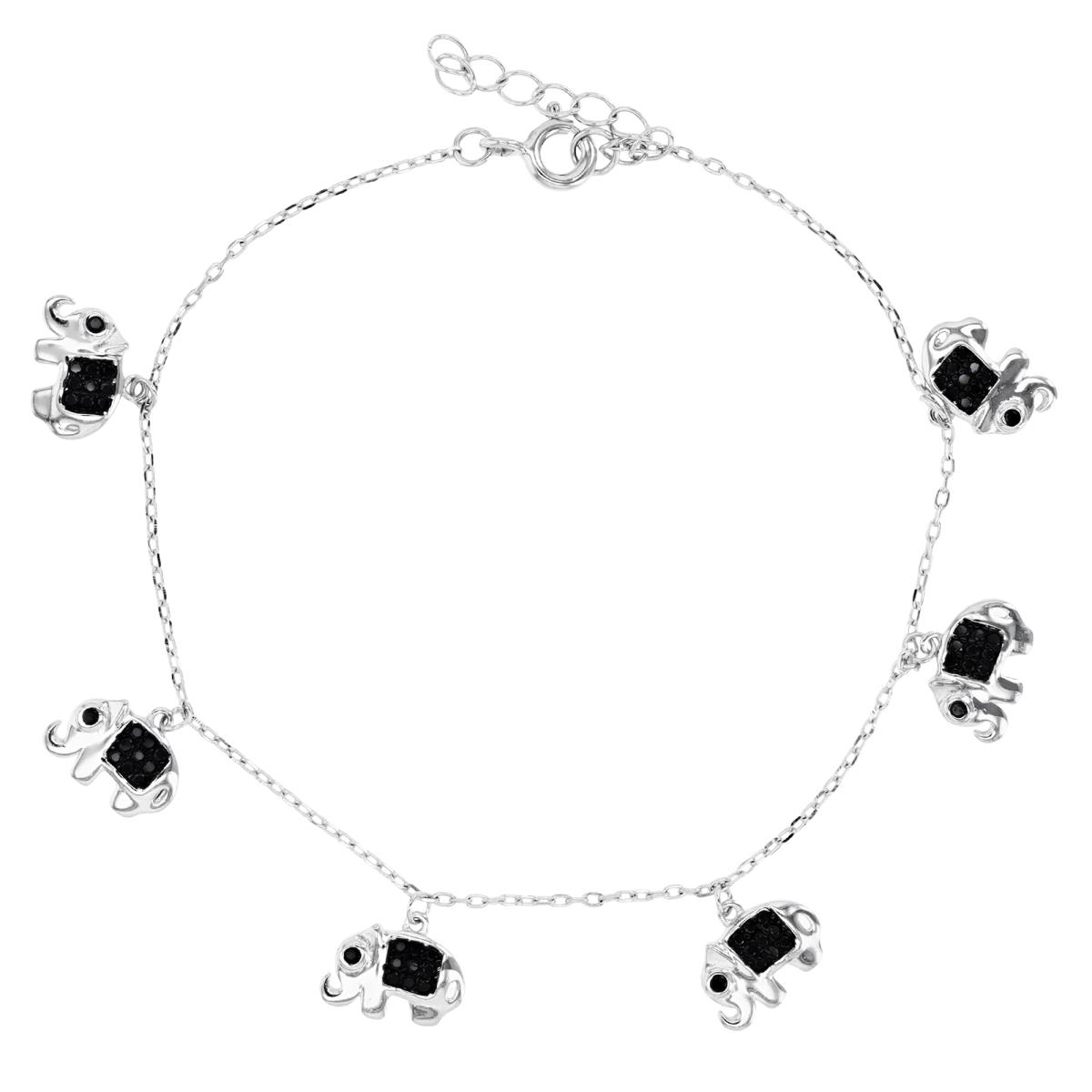 Sterling Silver Rhodium and Black & Black Spinel Six Elephants Charm 7+1" Bracelet