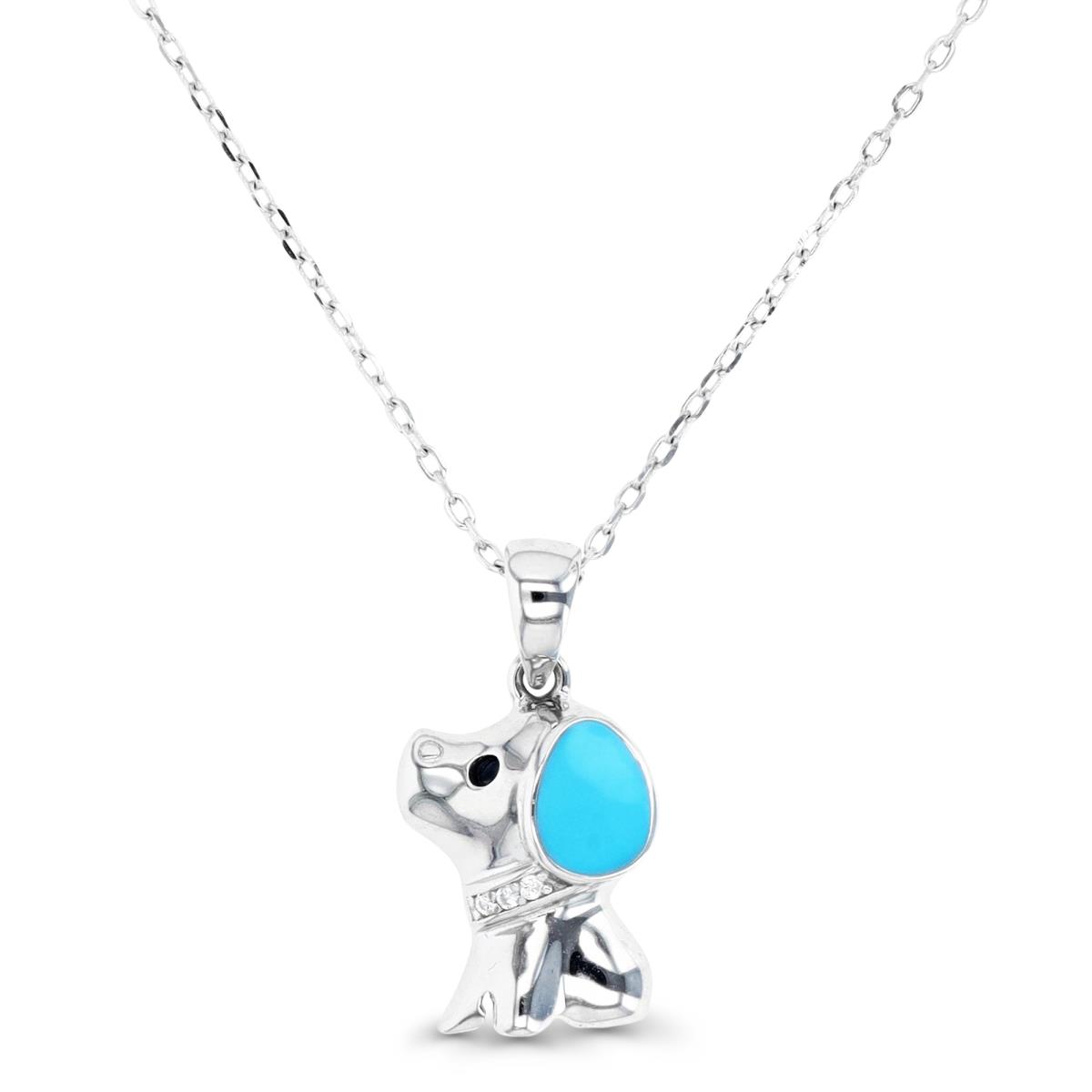 Sterling Silver Rhodium & Sky Blue Enamel & Black and White CZ Puppy 13+2" Necklace
