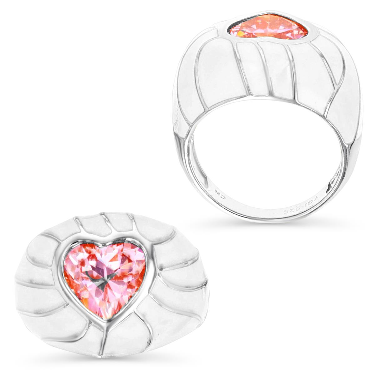 Sterling Silver Rhodium 10MM Polished Bezel Pink CZ Heart Shape & White Enamel Striped Ring