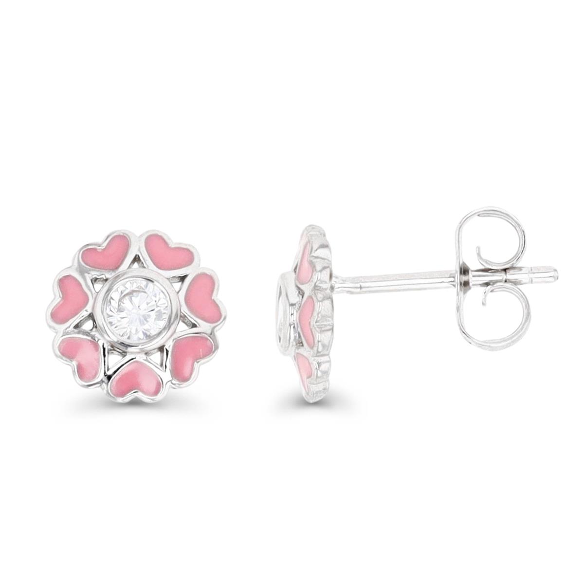 Sterling Silver Rhodium 8MM Polished Pink CZ & White Enamel Hearts Stud Earring