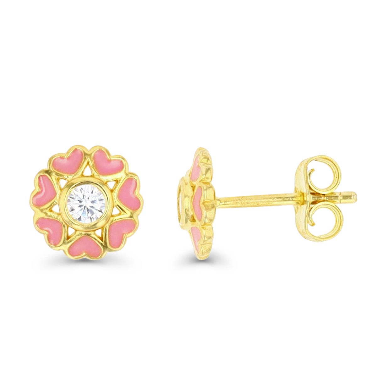 Sterling Silver Yellow 1M 8MM Polished Pink CZ & White Enamel Hearts Stud Earring