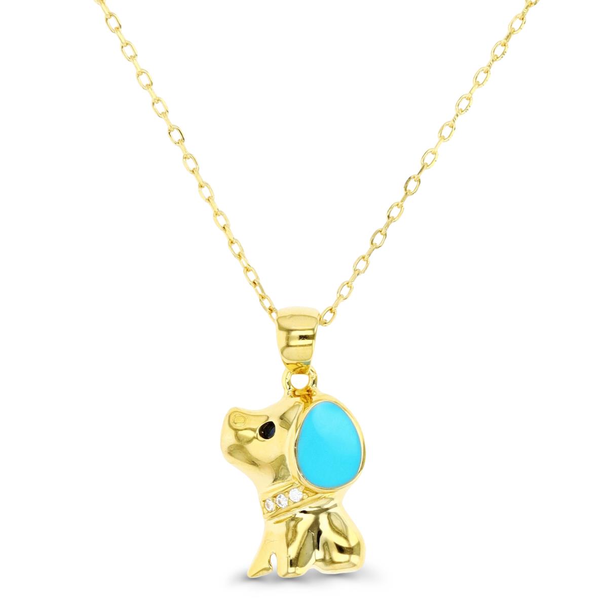 Sterling Silver Yellow 1M & Sky Blue Enamel & Black and White CZ Puppy 13+2" Necklace