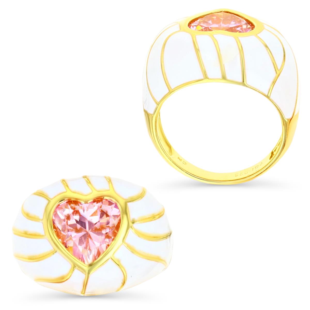 Sterling Silver Yellow 1M 10MM Polished Bezel Pink CZ Heart Shape & White Enamel Striped Ring