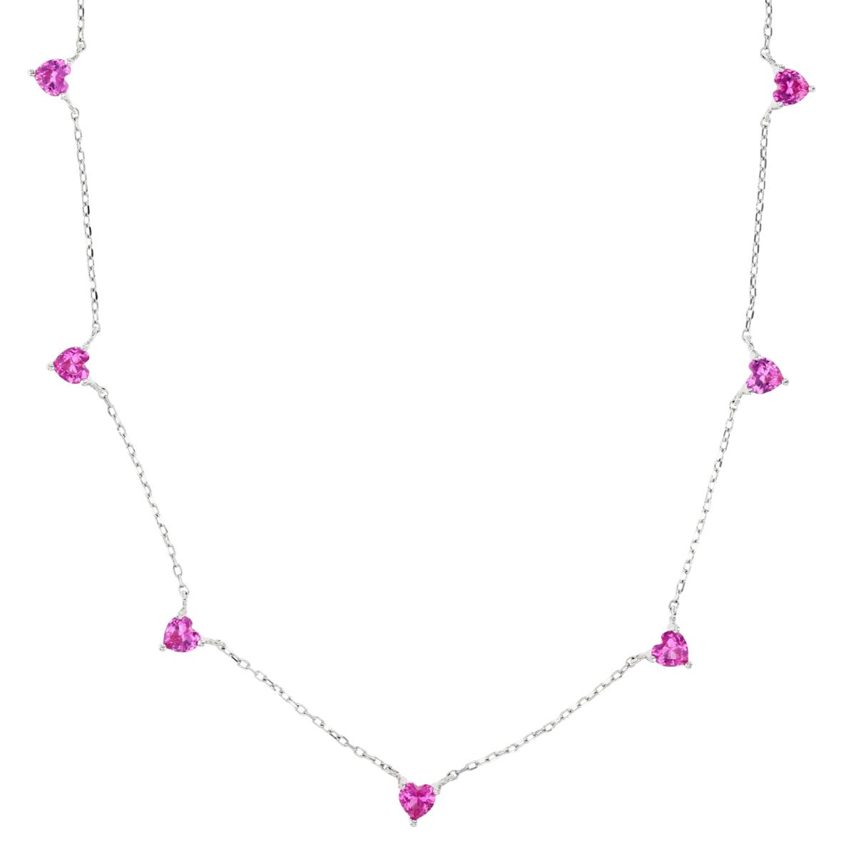 Sterling Silver Rhodium & HE Ct. #3 Cr. Pink Sapphire Prong Set 7 Hearts Station 16+2" Necklace