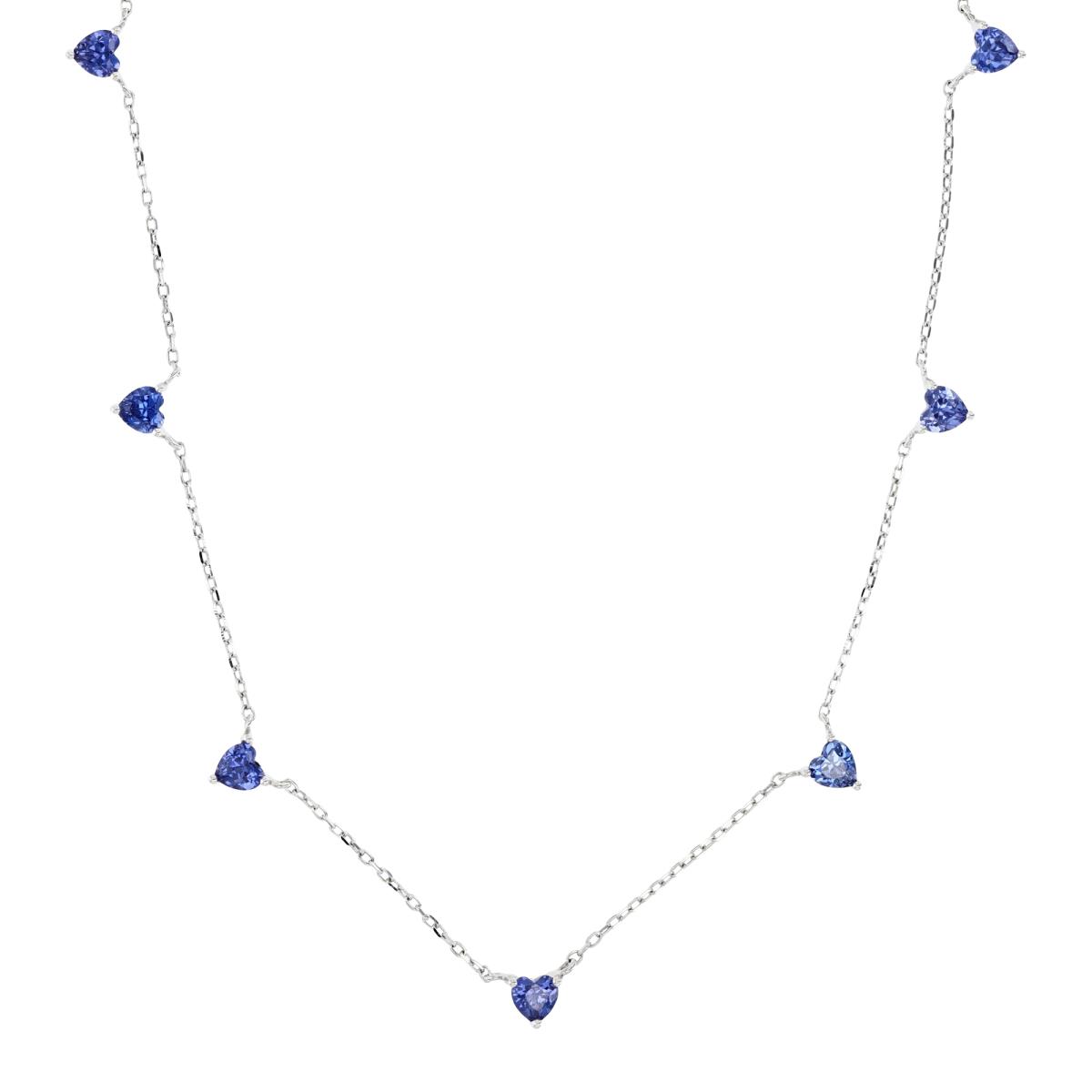 Sterling Silver Rhodium & HE Ct. Tanzanite CZ Prong Set 7 Hearts Station 16+2" Necklace