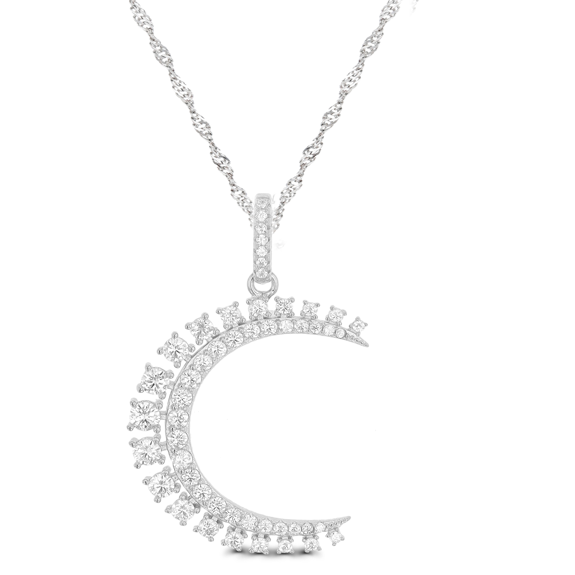 Sterling Silver Rhodium 37X22MM Two Row White CZ Half Moon 18''+2'' Singapore Necklace