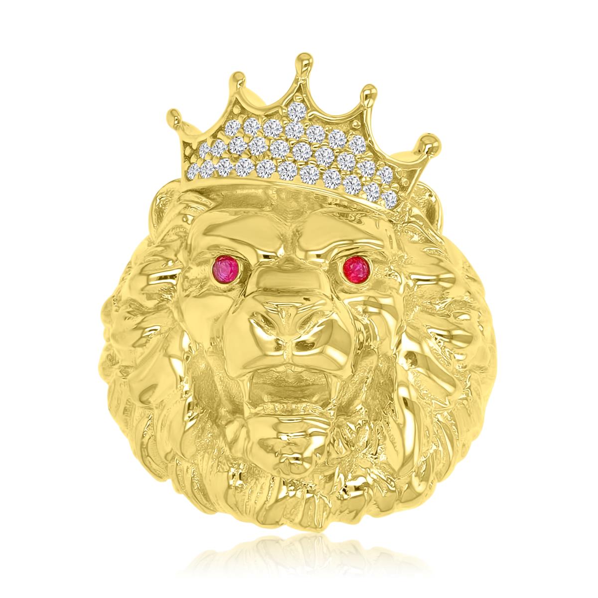 10K Gold Yellow 27MM Polished & Textured White CZ & Created Ruby King Lion Head Ring