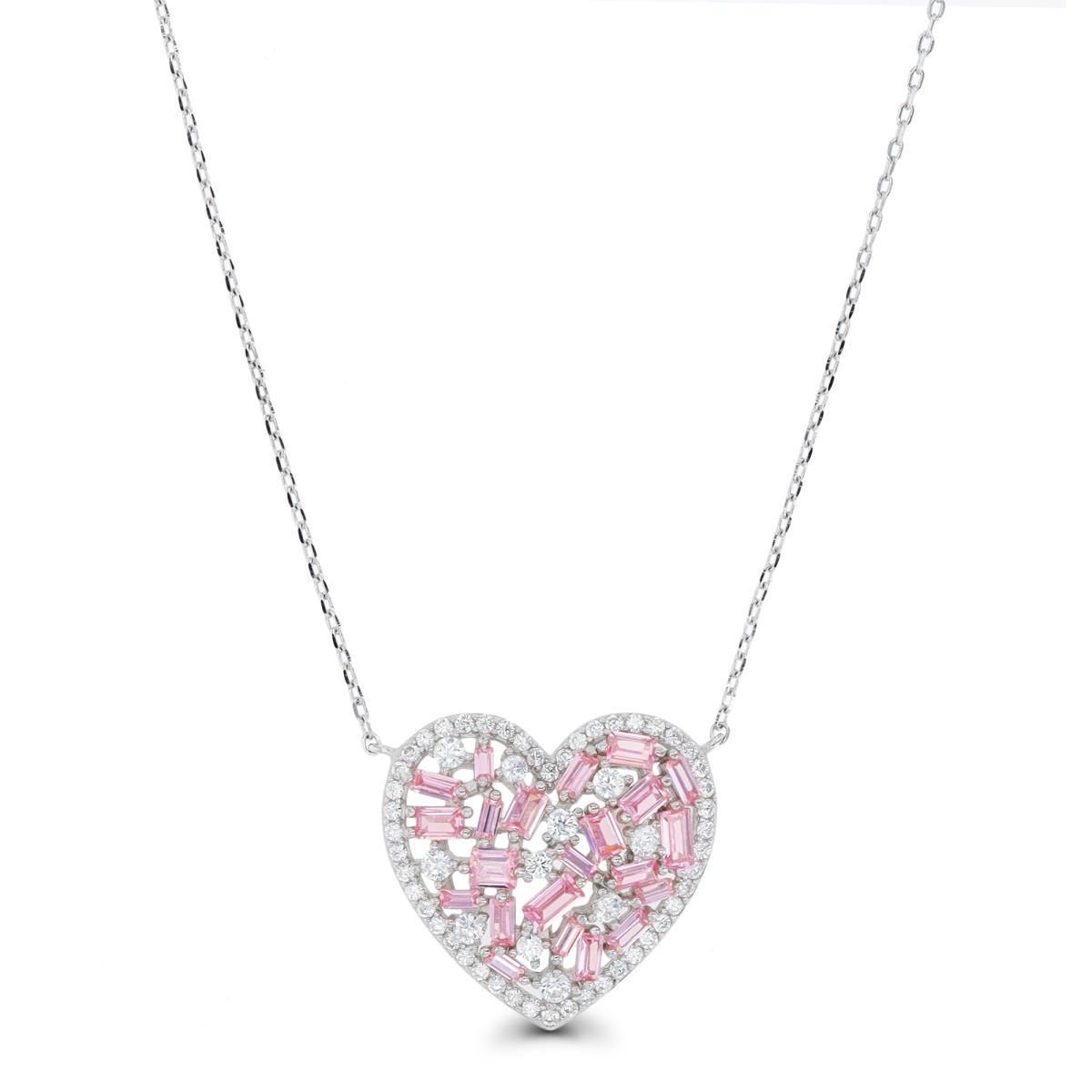Sterling Silver Rhodium 20X20 MM Rd /ST.Baguette White & Pink CZ Dangling Heart 18''+2'' Necklace
