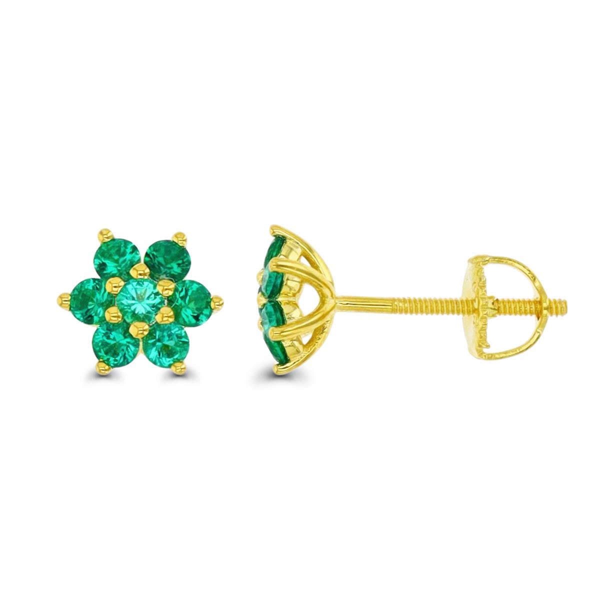 Sterling Silver Yellow & 2mm Rd Ct. Created Emerald 7 Stone Flower Stud Screwback Earring
