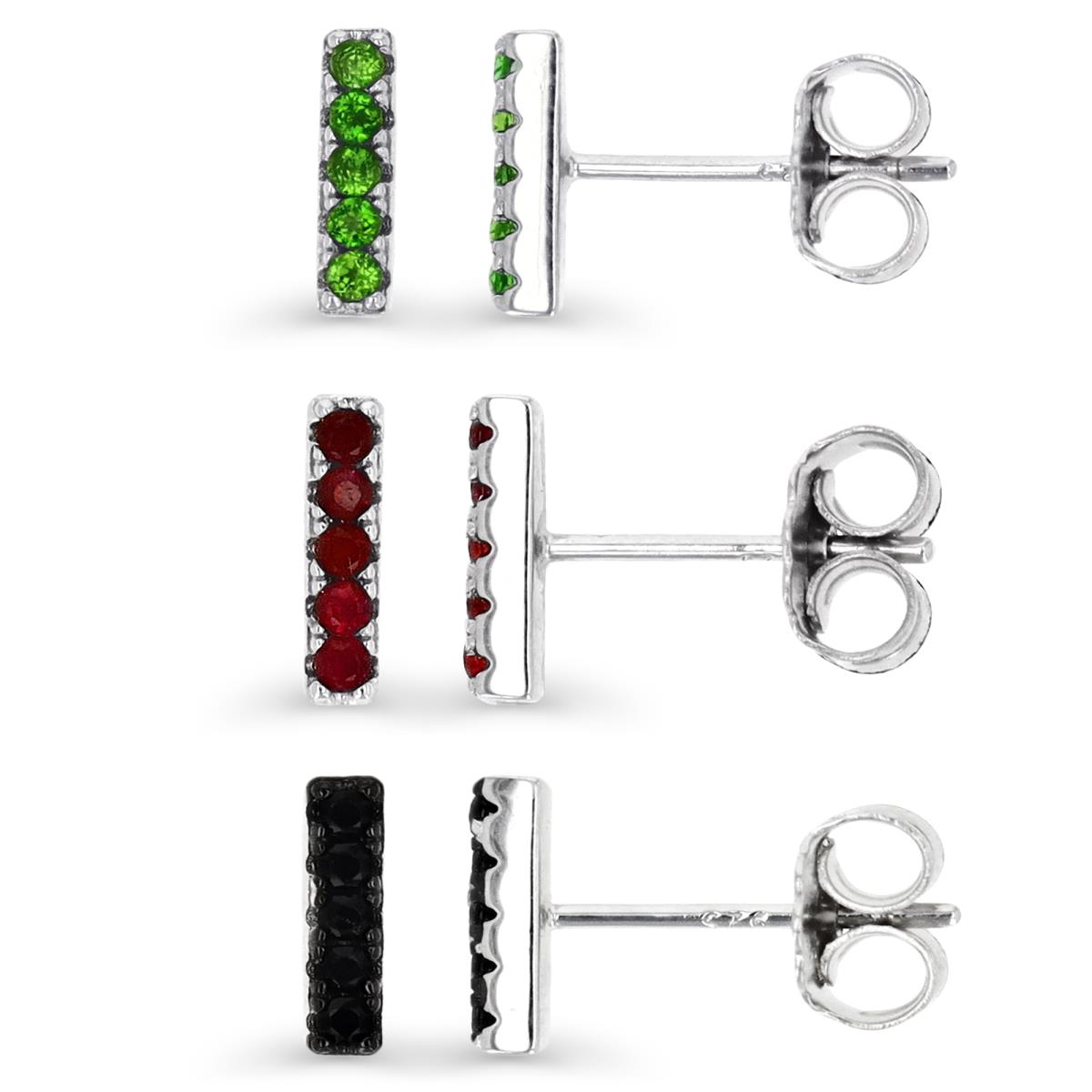 Sterling Silver Rhodium 8X2;8X2;8X2 Pink Sapphire/Black Spinel  & Chrome Diopside Bar Earring Set