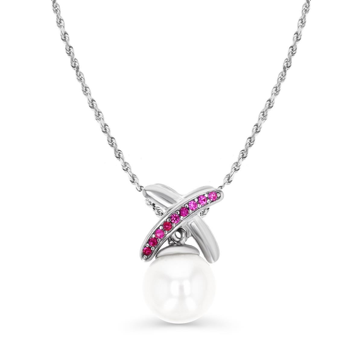 Sterling Silver Rhodium FW Pearl White  & Ruby 'X' 18''+2'' Singapore Necklace