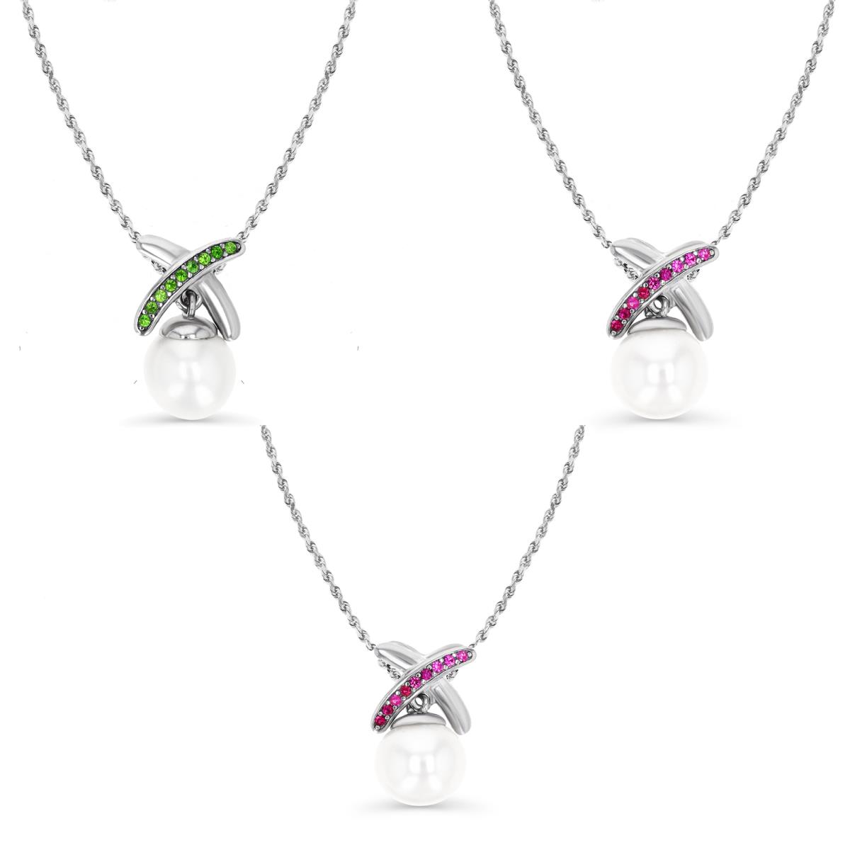 Sterling Silver Rhodium 17X10;17X10;17X10  FW Pearl White  & Ruby /Pink Sapphire &  Chrome Diopside 'X' 18''+2'' Singapore Necklace Set