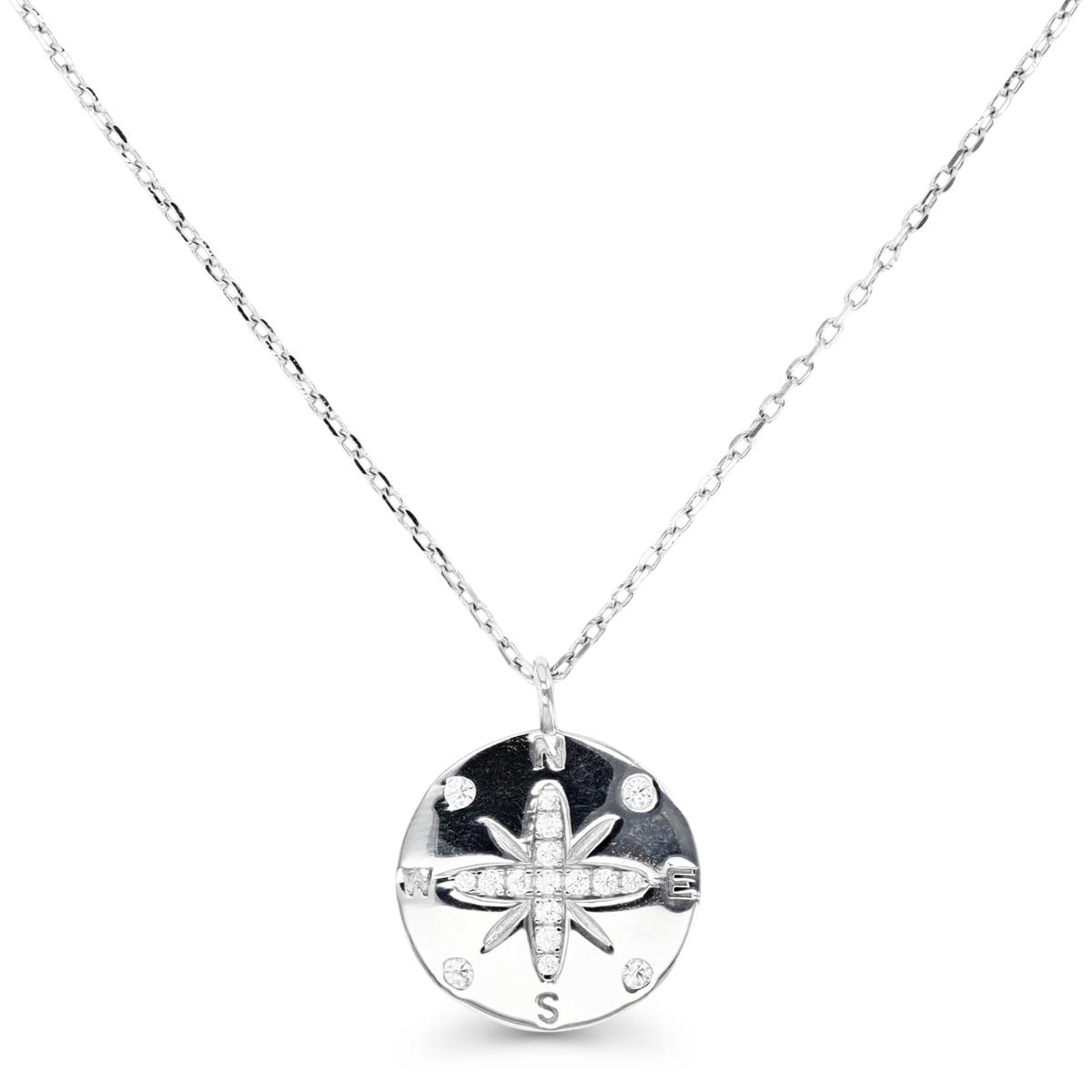 Sterling Silver Rhodium & White CZ Compass Disc 18+2" Necklace