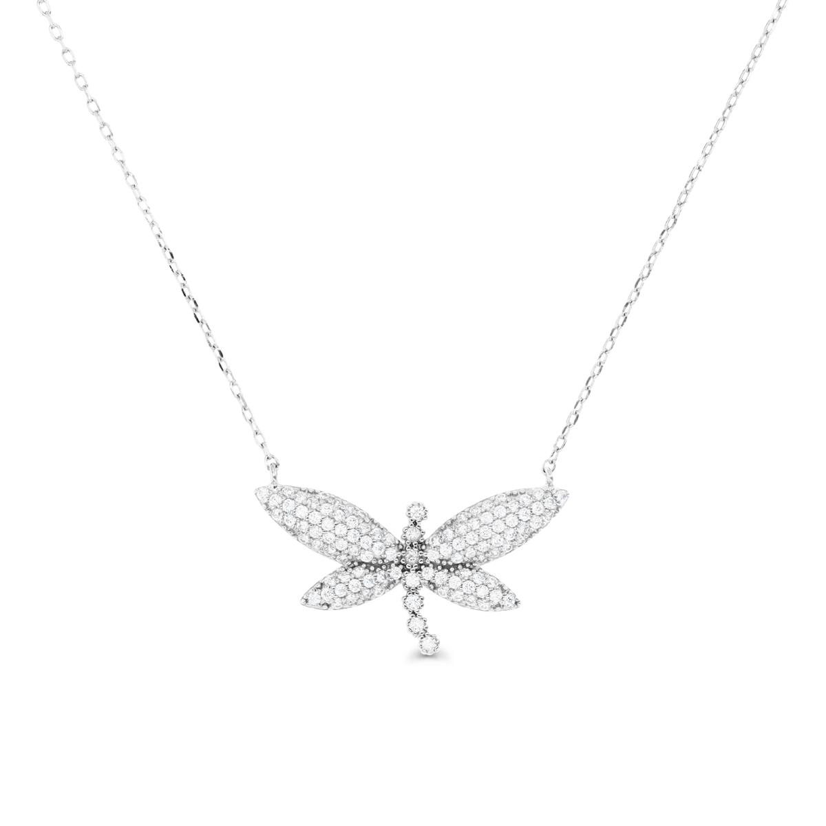 Sterling Silver Rhodium & White CZ Dragonfly 18+2" Necklace