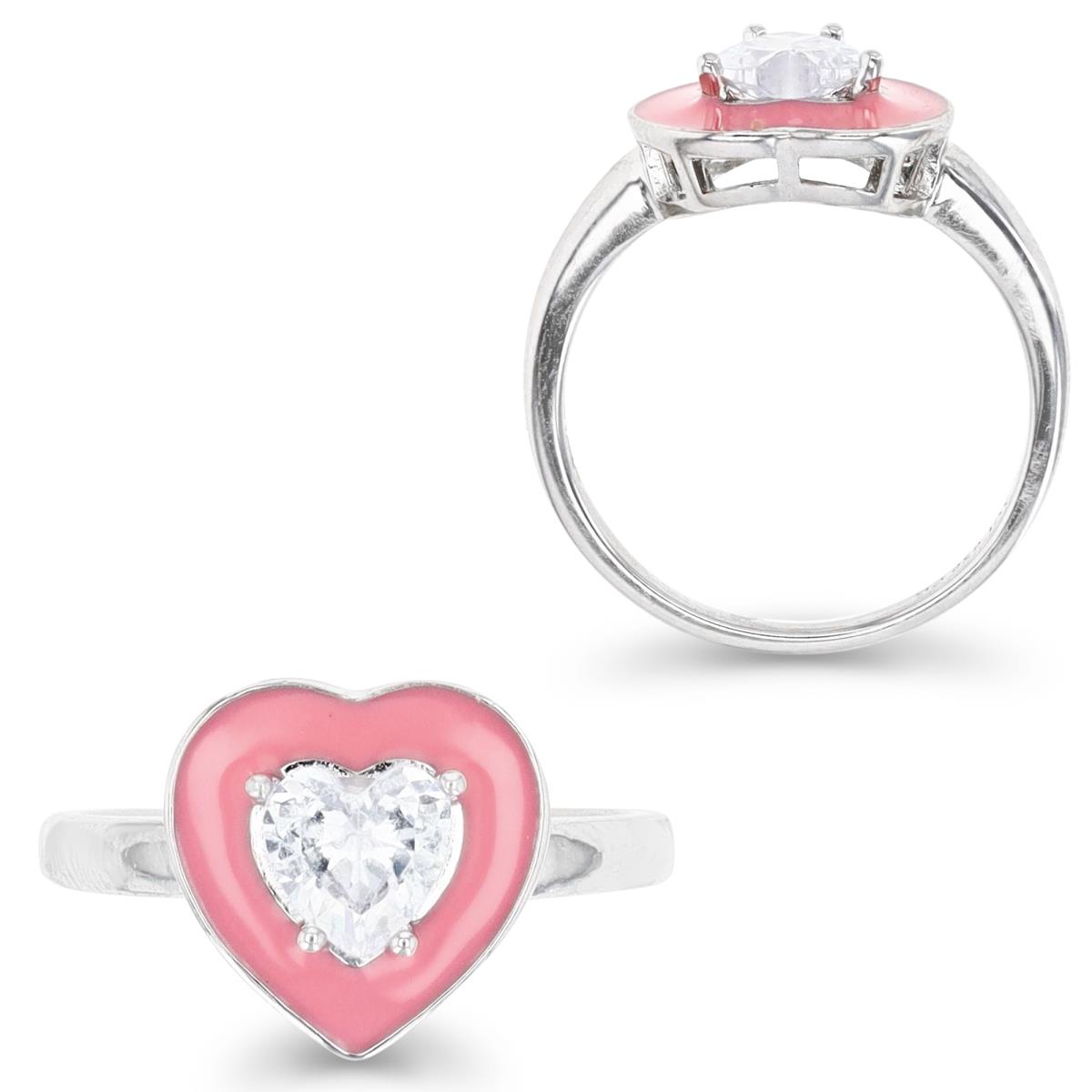 Sterling Silver Rhodium 6MM Polished White CZ & Pink Enamel Heart Ring